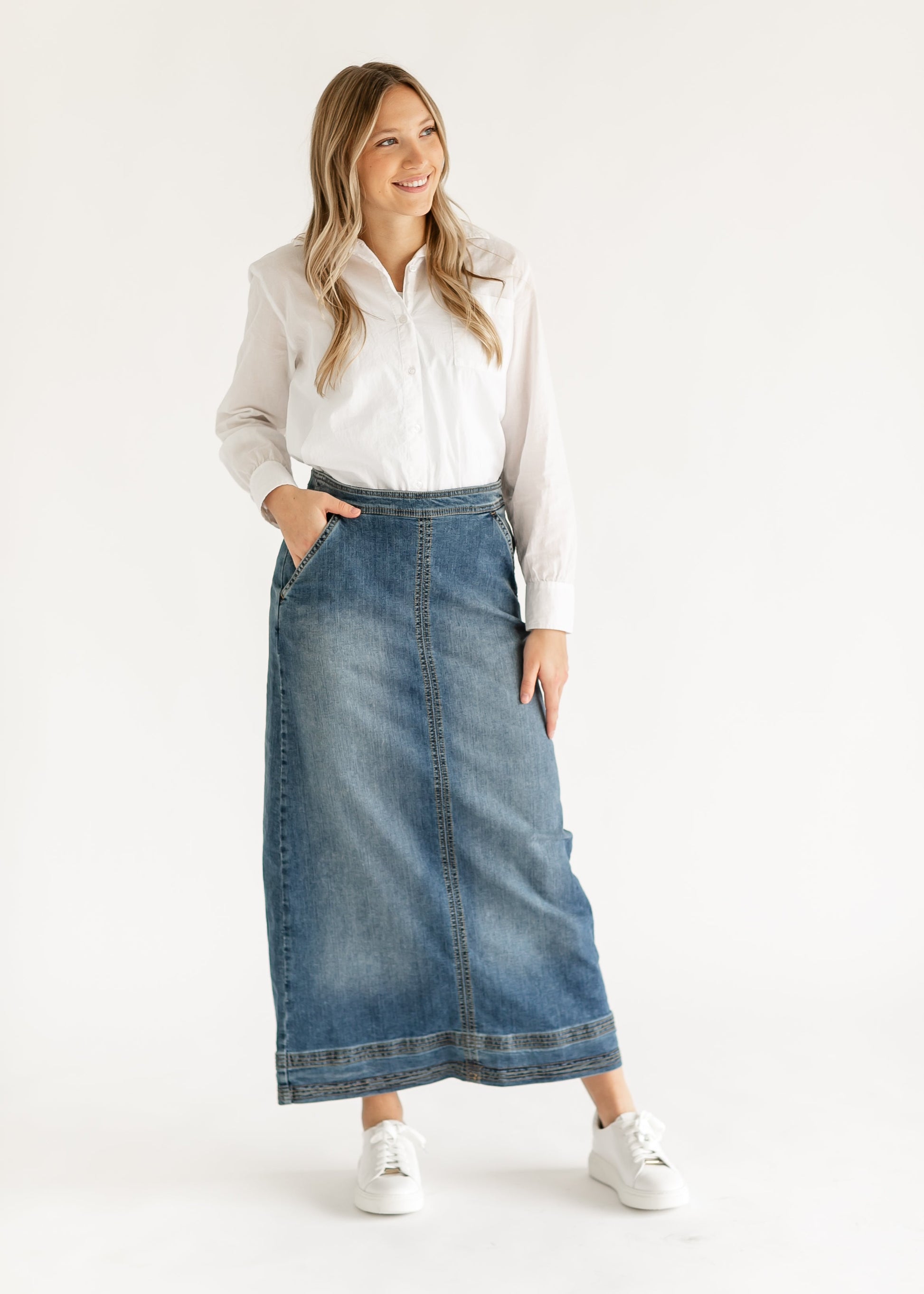 Sutton Side Zip A-line Denim Maxi Skirt - Concordia Style Boutique