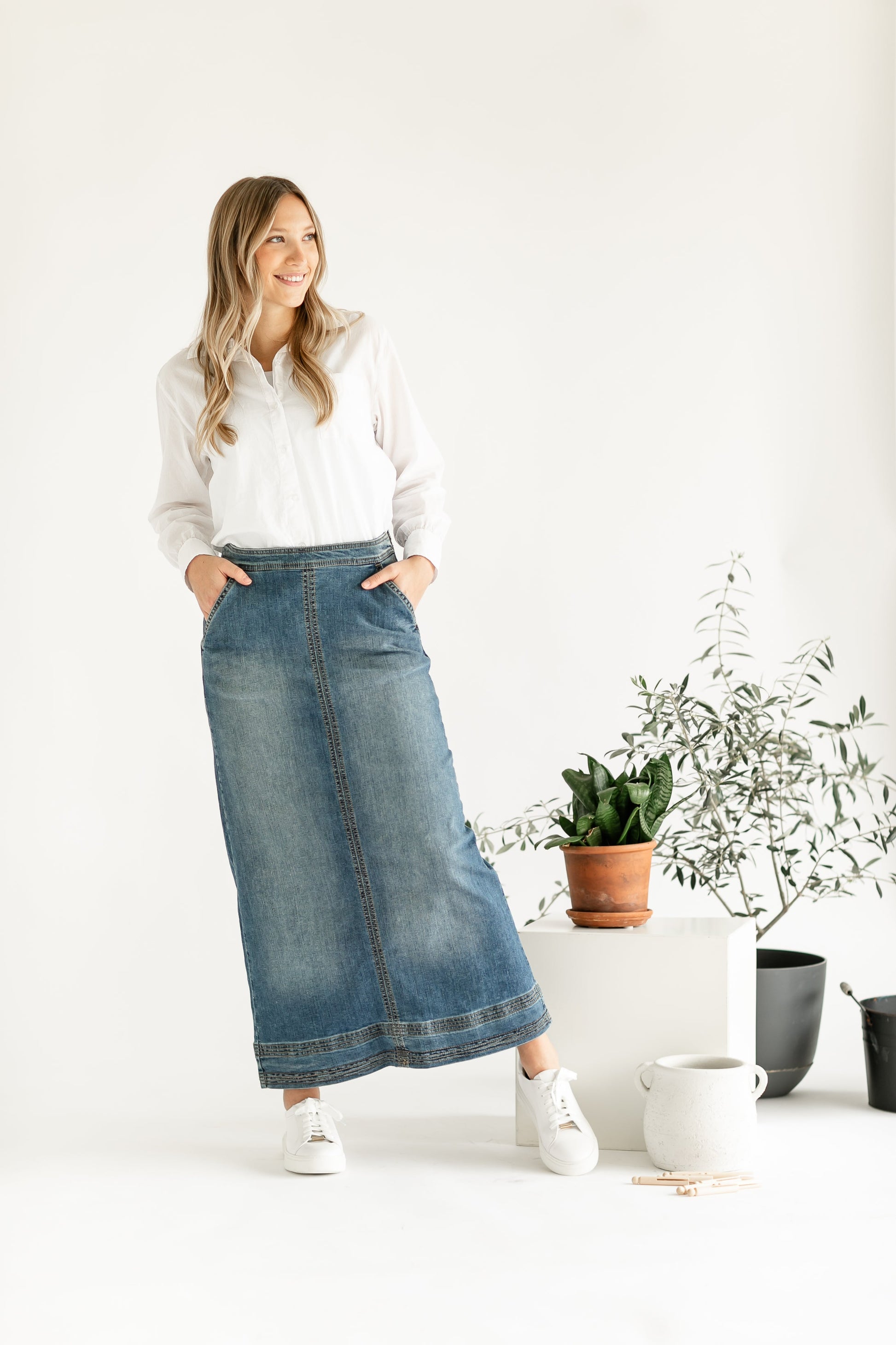 Sutton Side Zip A-line Denim Maxi Skirt - Concordia Style Boutique
