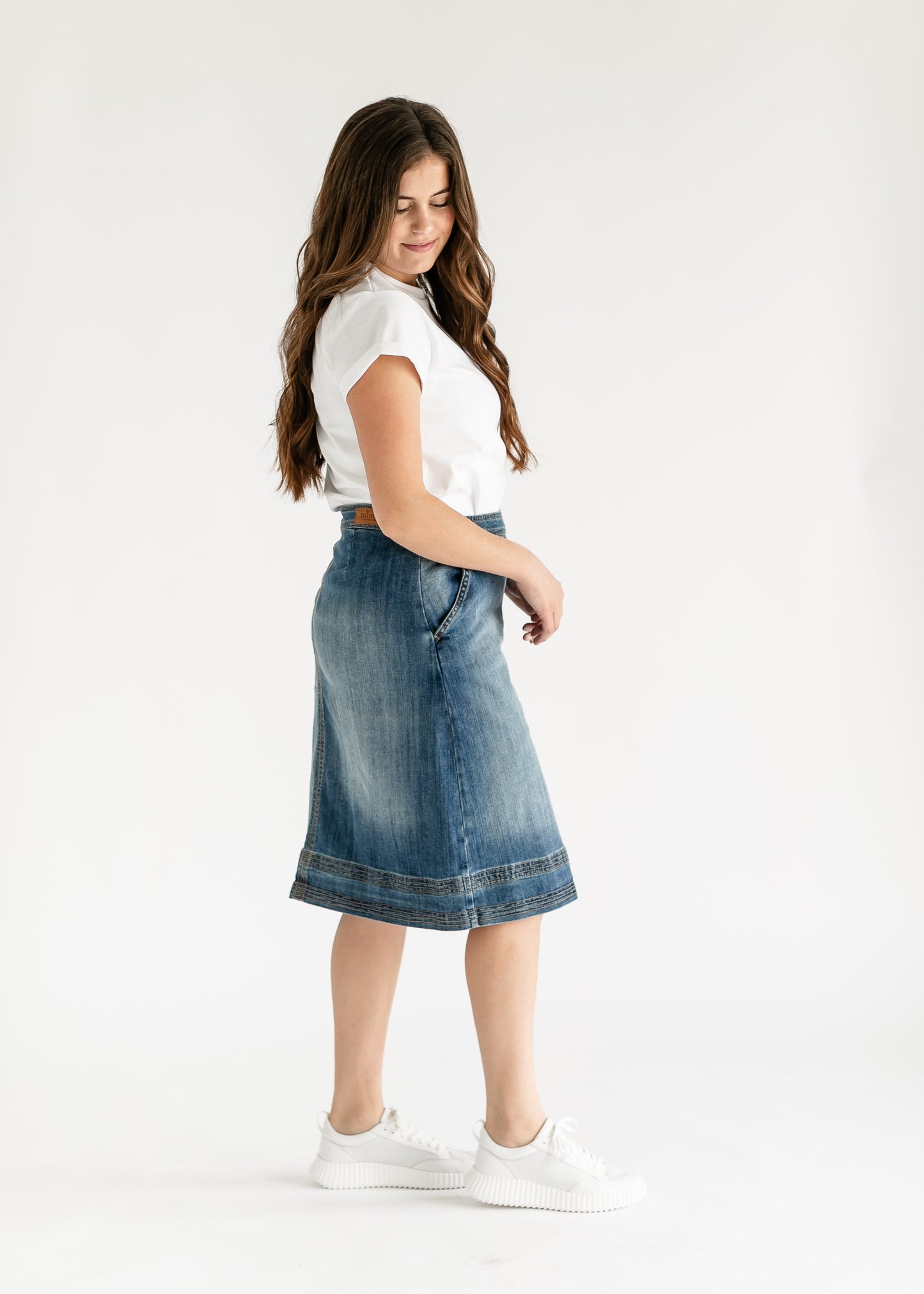 Sutton Side Zip A-line Denim Midi Skirt - Concordia Style Boutique