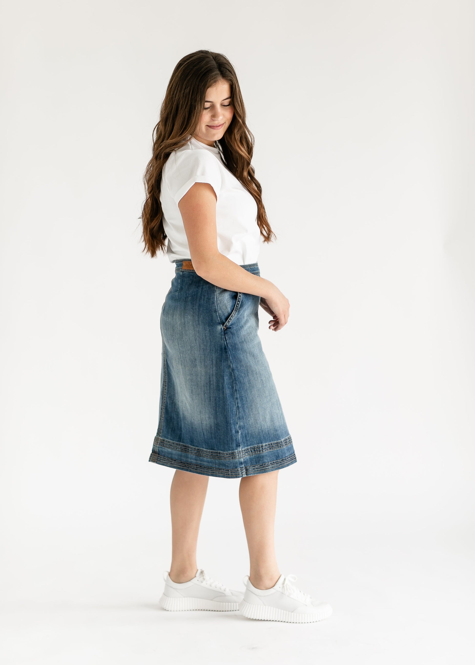 Sutton Side Zip A-line Denim Midi Skirt - Concordia Style Boutique