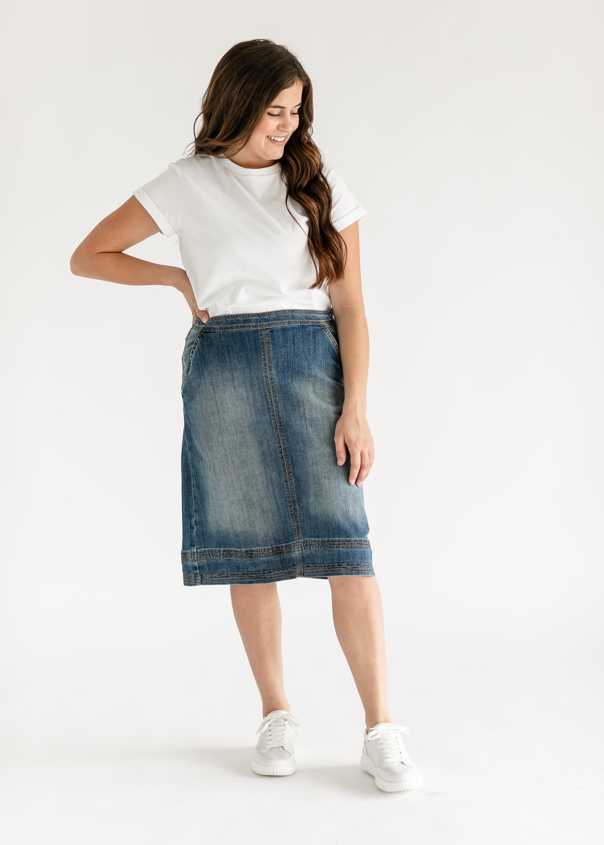 Sutton Side Zip A-line Denim Midi Skirt - Concordia Style Boutique