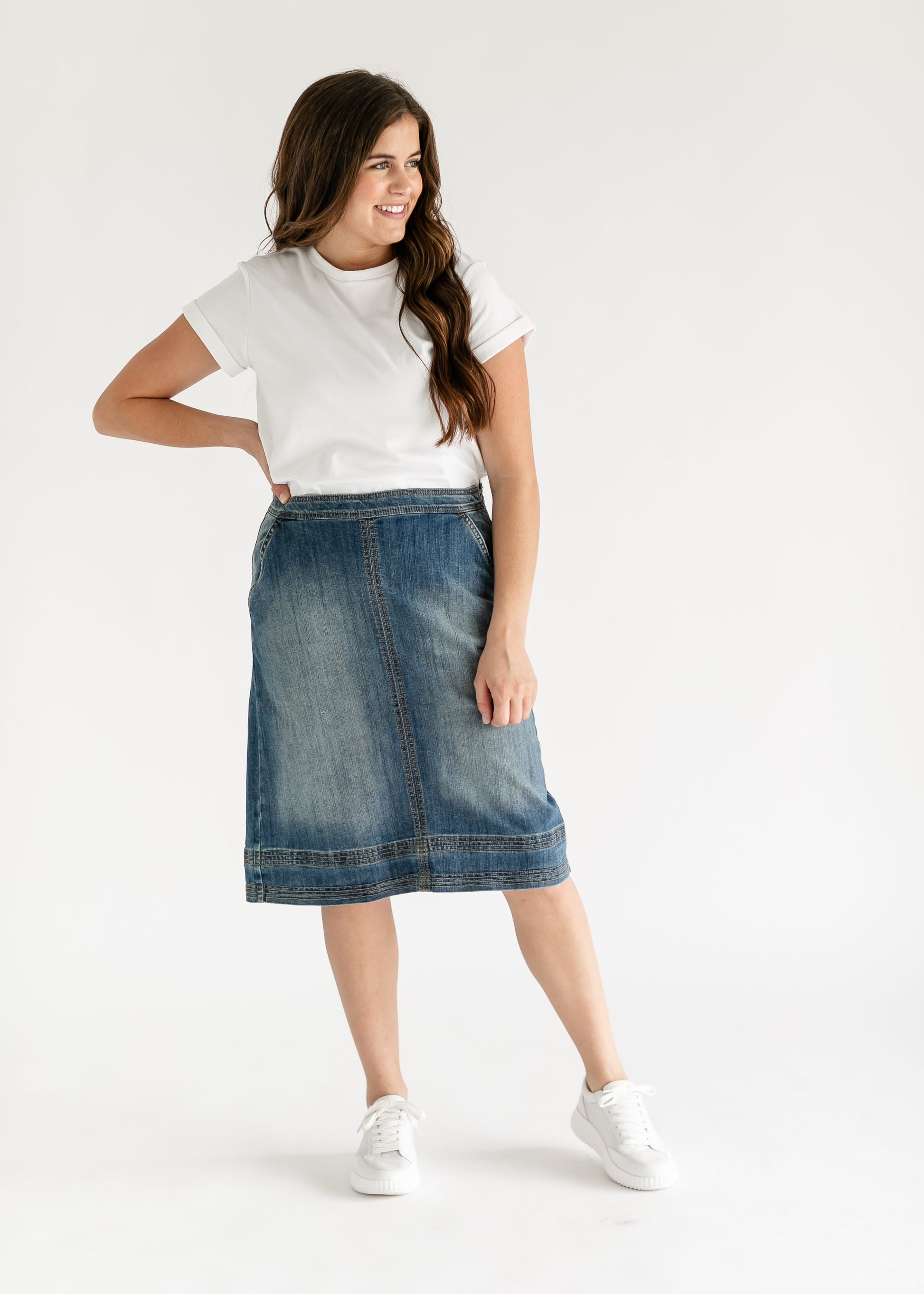 Sutton Side Zip A-line Denim Midi Skirt - Concordia Style Boutique