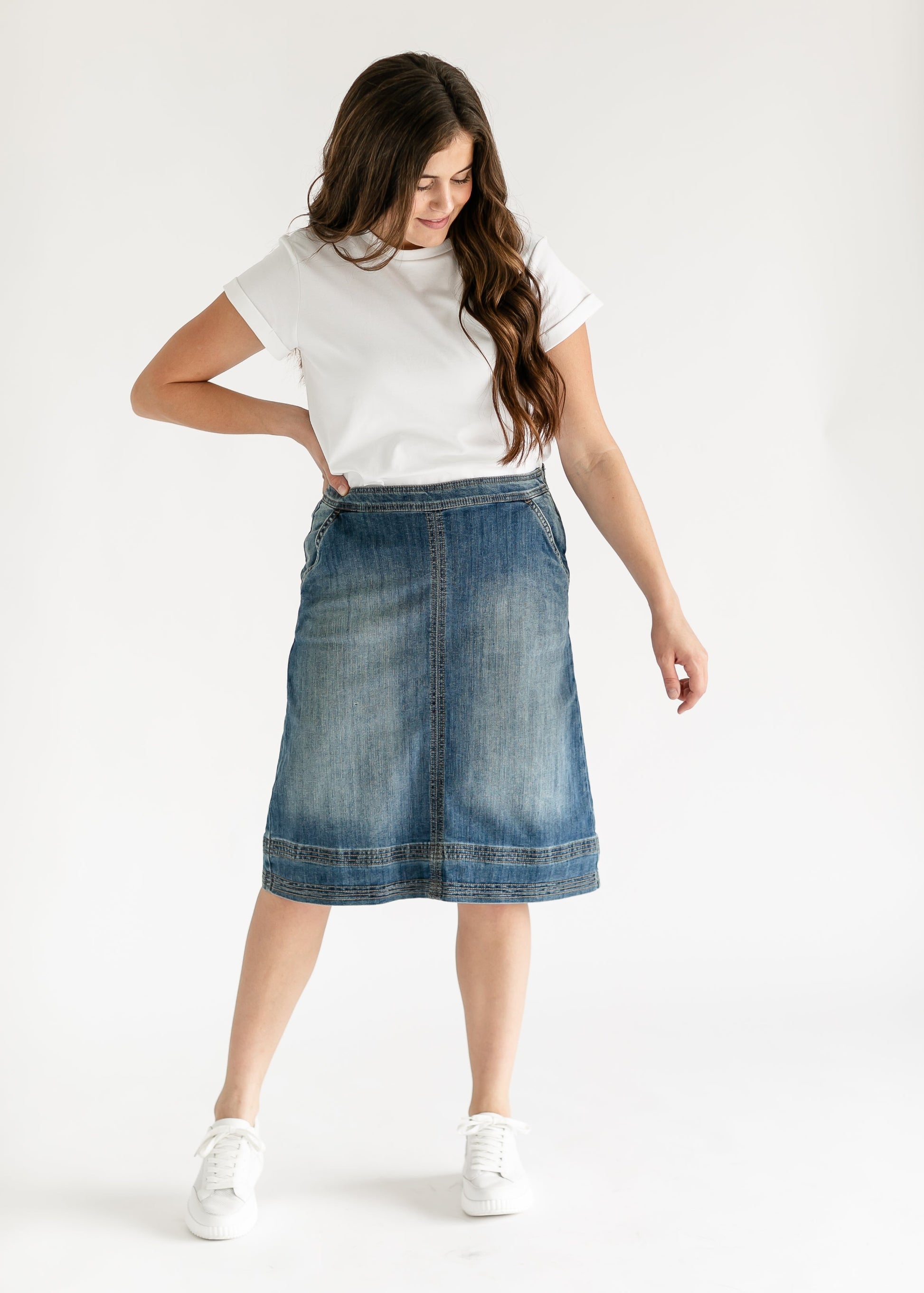 Sutton Side Zip A-line Denim Midi Skirt - Concordia Style Boutique