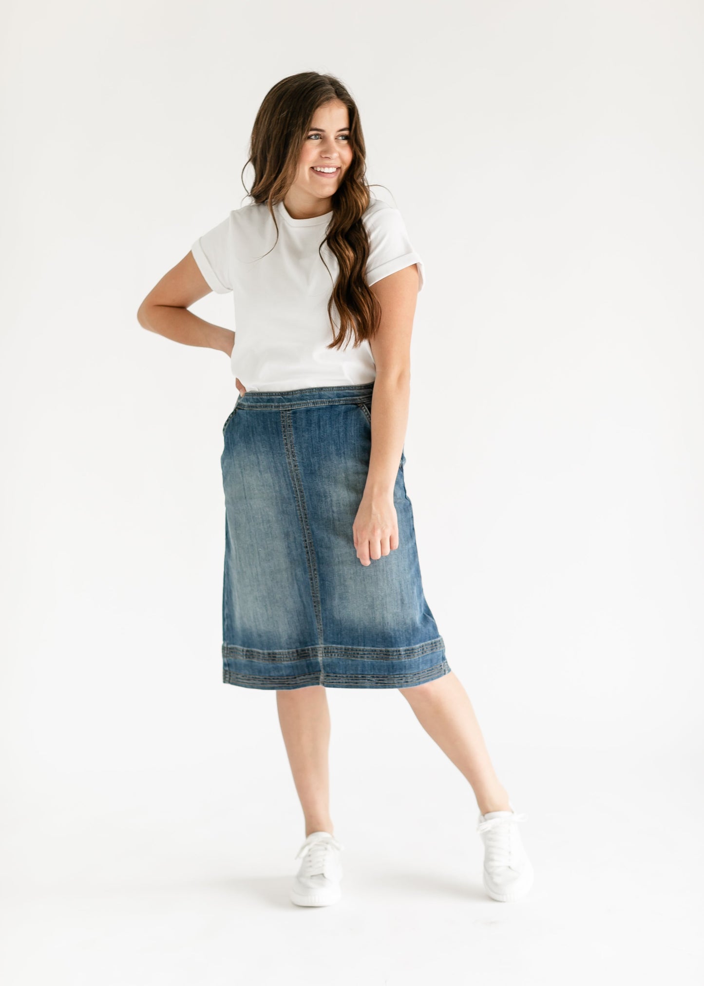 Sutton Side Zip A-line Denim Midi Skirt - Concordia Style Boutique