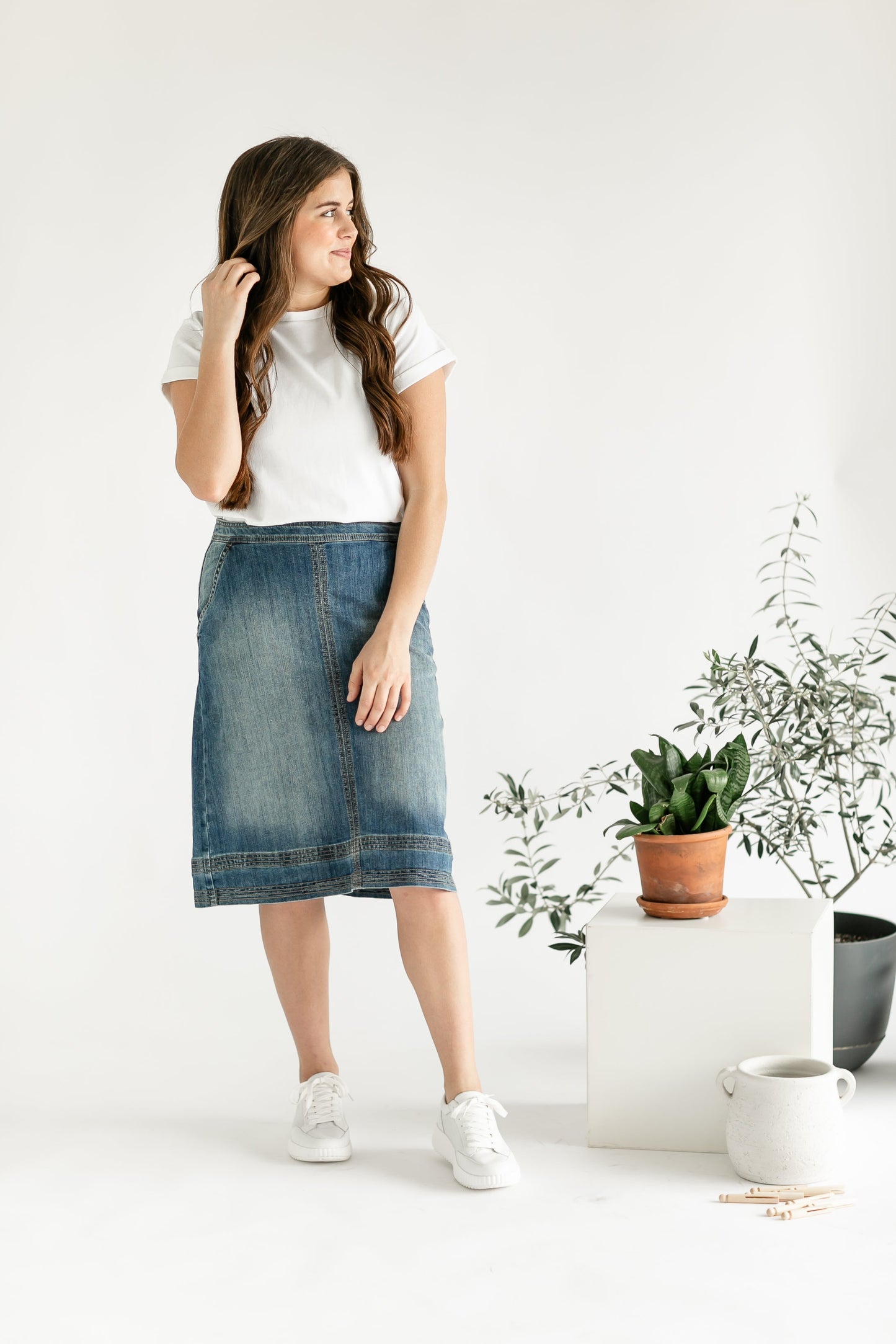 Sutton Side Zip A-line Denim Midi Skirt - Concordia Style Boutique