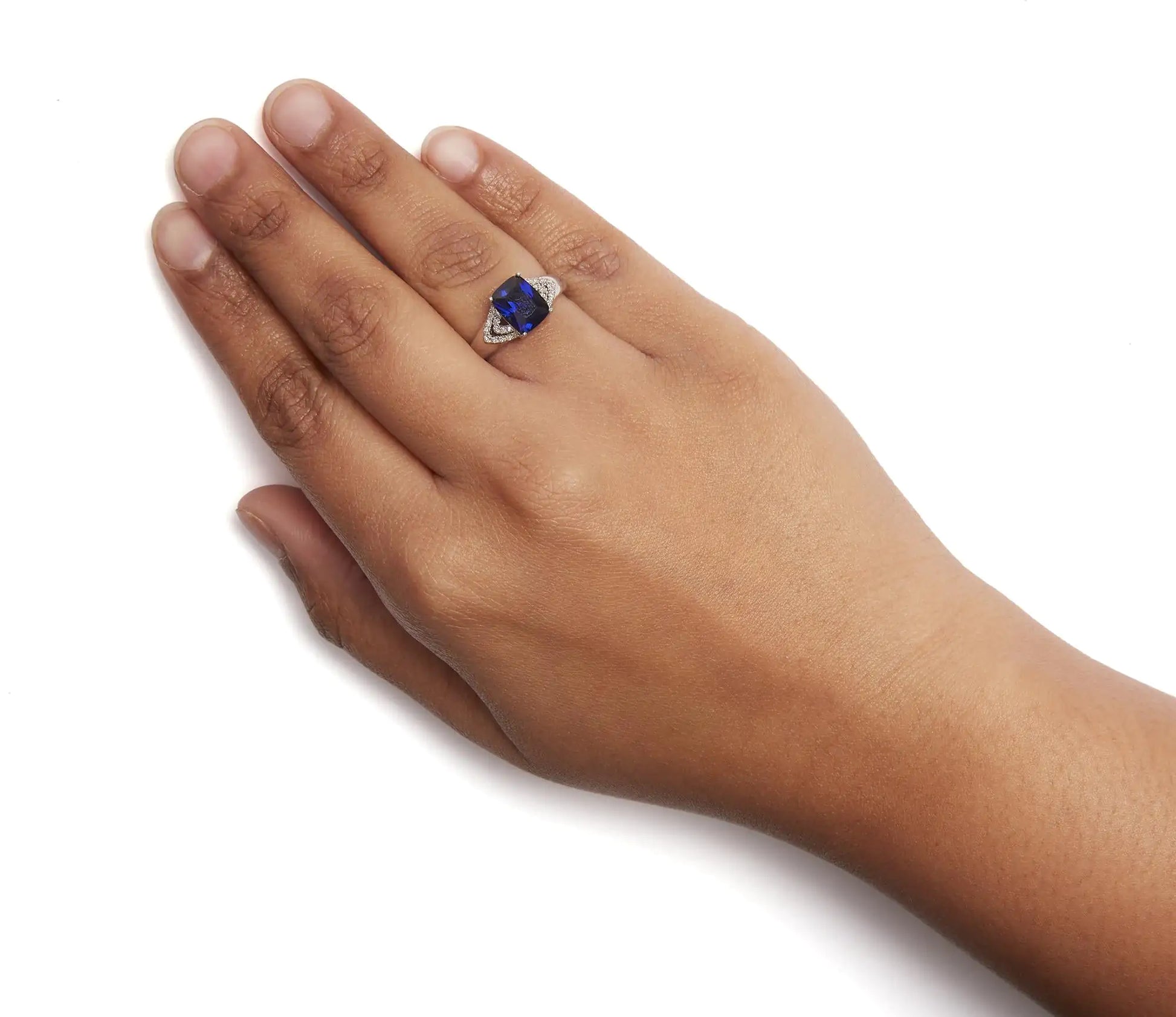 *SOLD OUT* .925 Sterling Silver 9X7 mm Cushion Cut Blue Sapphire and White Diamond Step up Engagement Ring (I-J Color, I3 Clarity) - Concordia Style Boutique