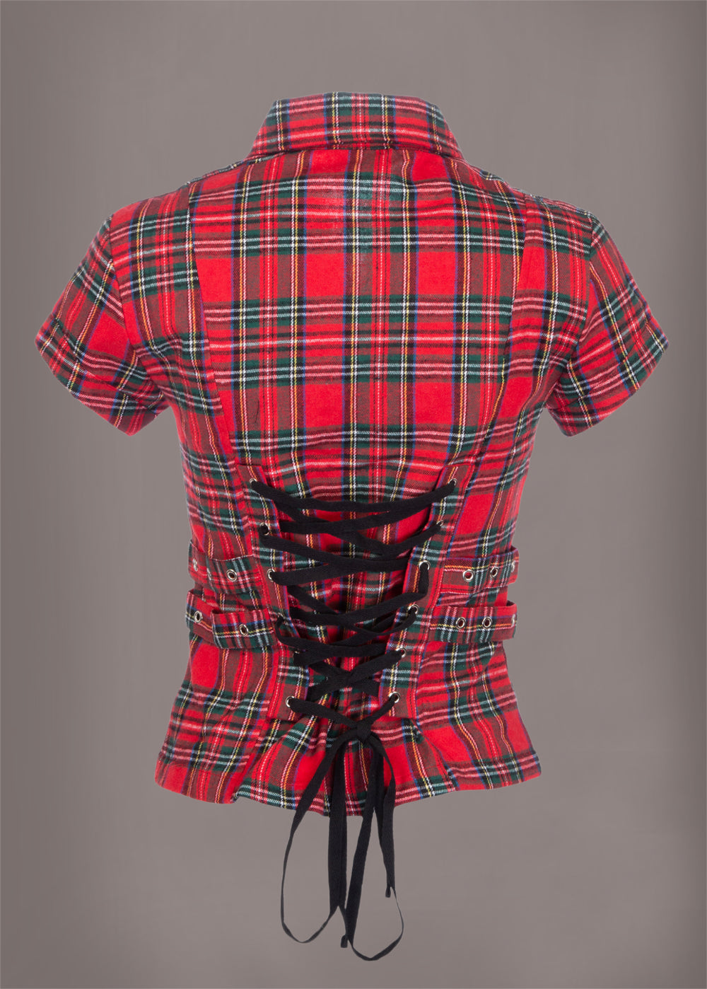 Short Sleeve Tartan Plaid Punk Shirt with Studs - Concordia Style Boutique