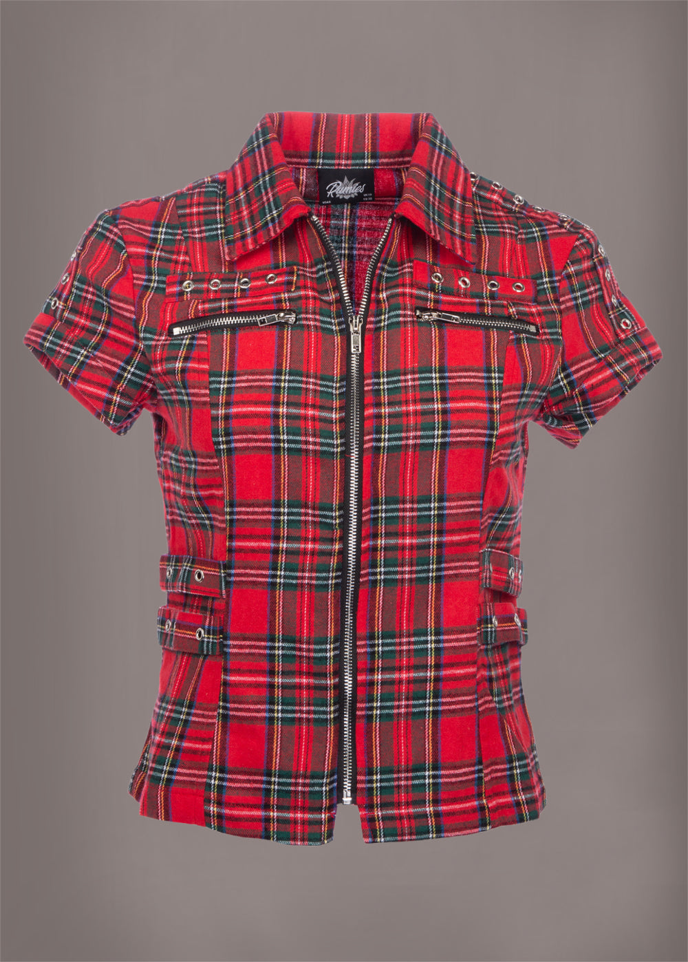 Short Sleeve Tartan Plaid Punk Shirt with Studs - Concordia Style Boutique