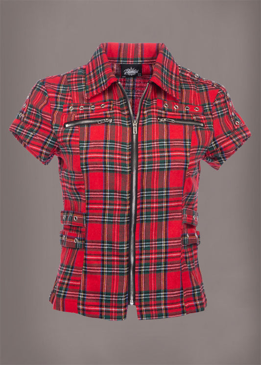 Short Sleeve Tartan Plaid Punk Shirt with Studs - Concordia Style Boutique