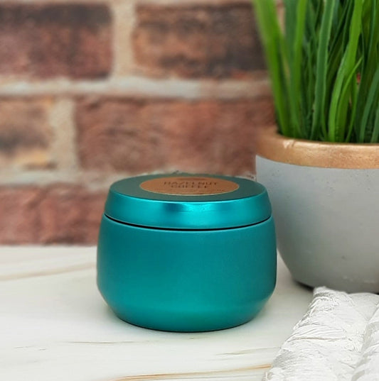 Gardenia Woods 4oz Candle | Teal Blue Travel Tin