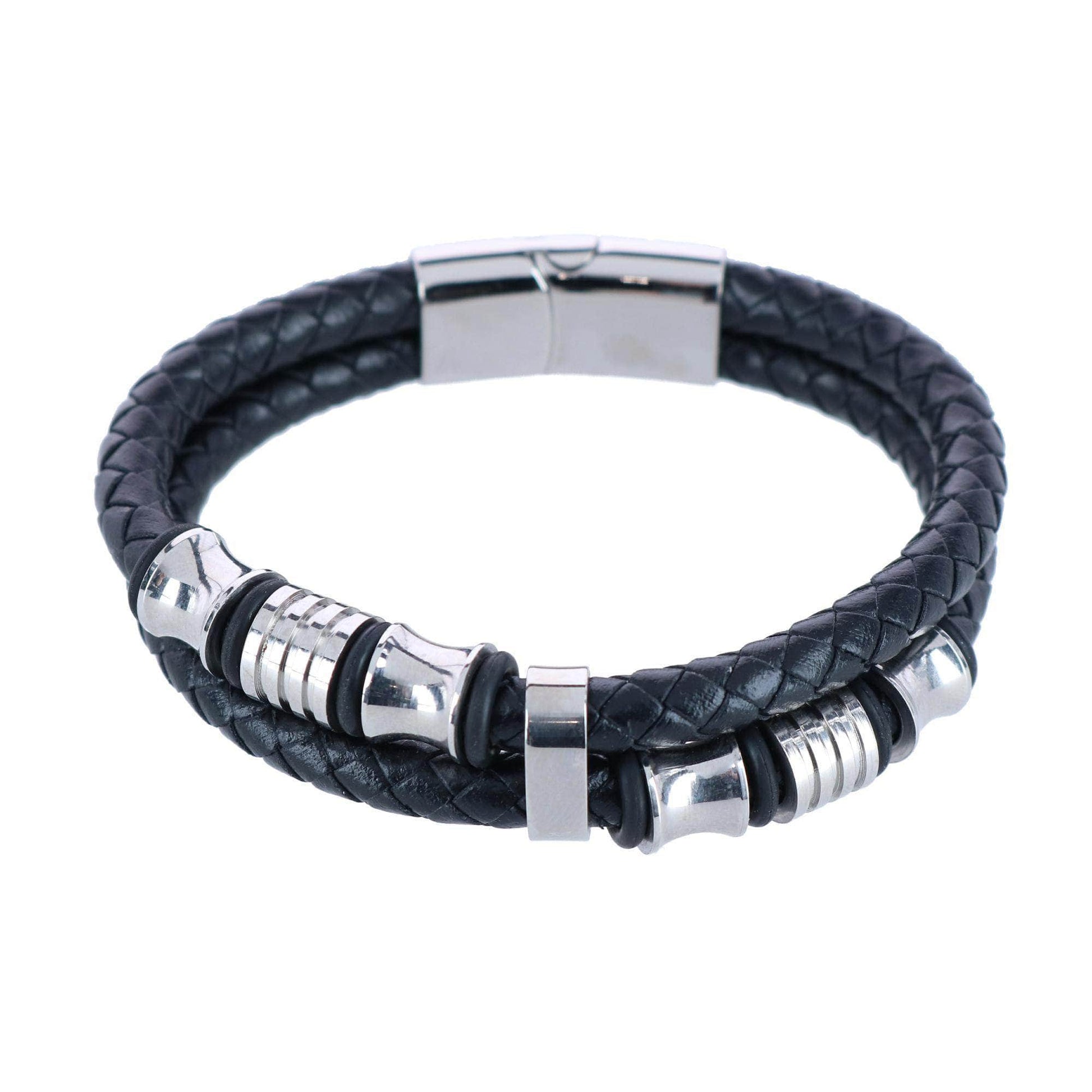 Silver and Leather Double Band Secure Clasp Bracelet - Concordia Style Boutique