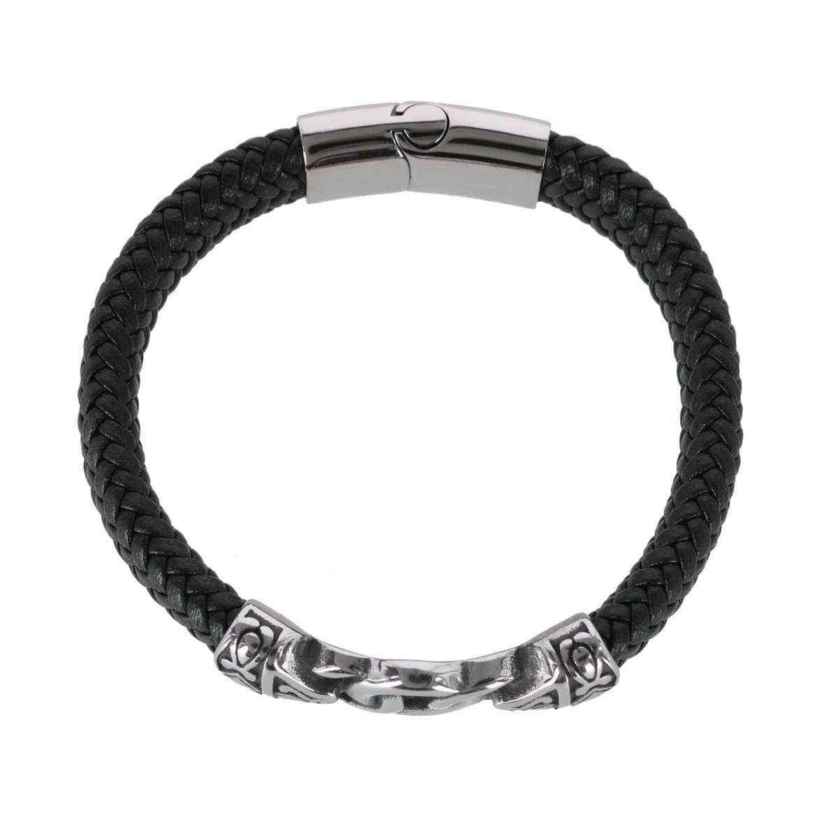 Silver Interlock Pattern on Black Leather Bracelet - Concordia Style Boutique