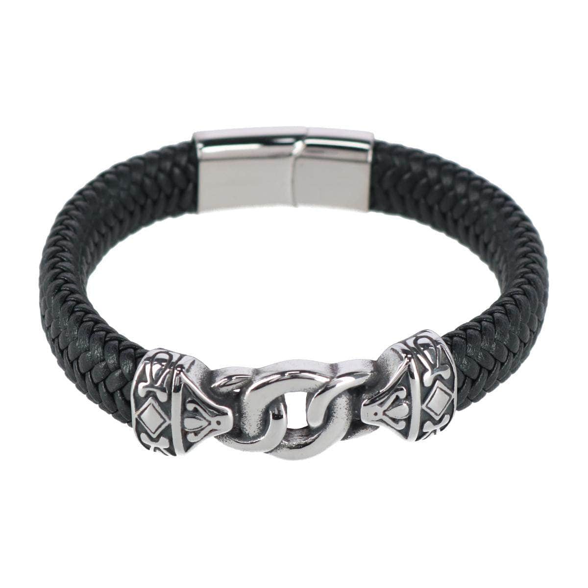 Loose Fit Silver Interlock Pattern on Black Leather Bracelet - Concordia Style Boutique
