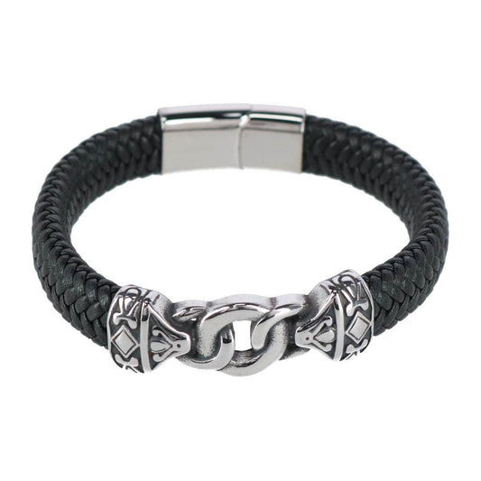 Loose Fit Silver Interlock Pattern on Black Leather Bracelet - Concordia Style Boutique
