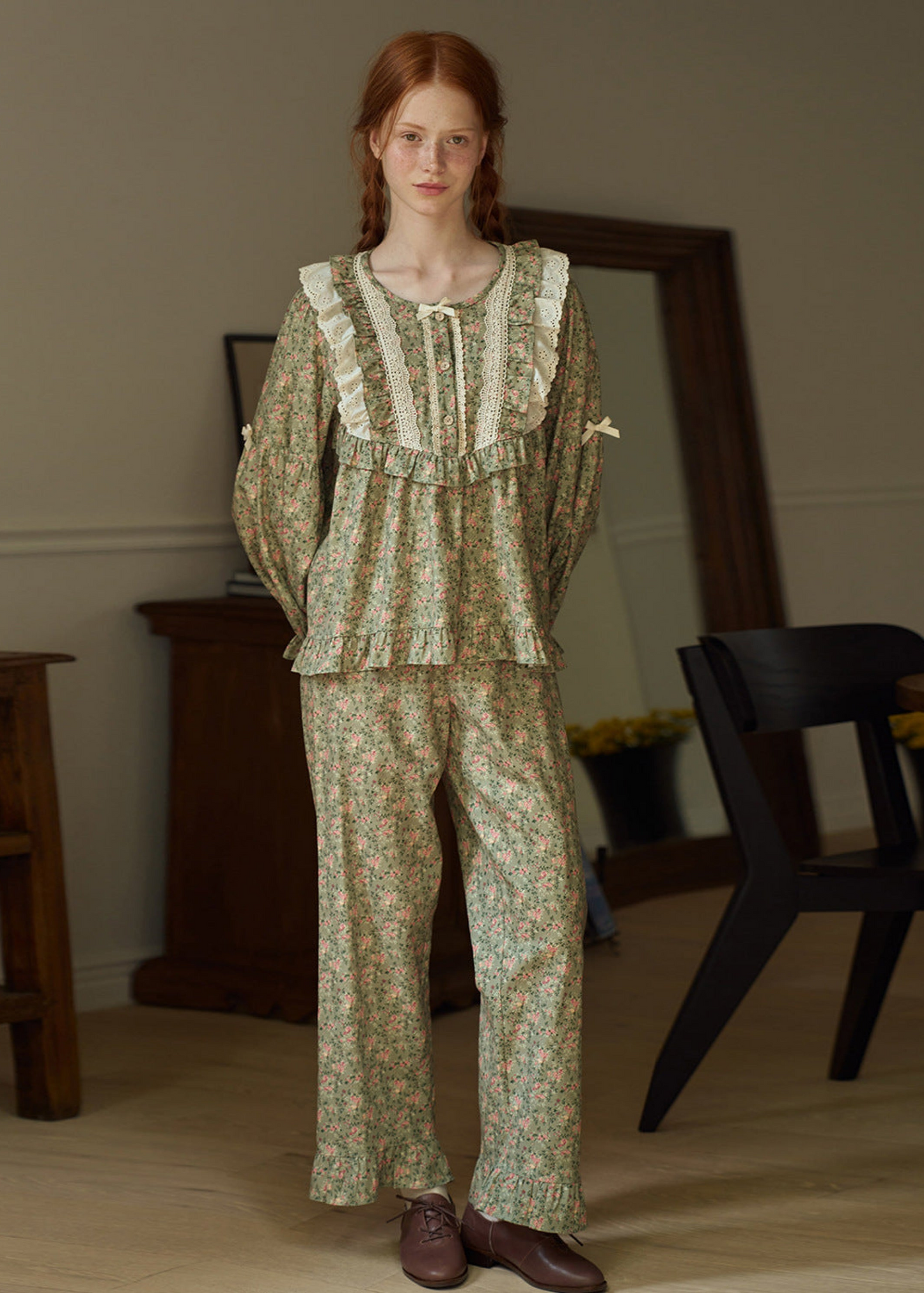 Sage Green Vintage Floral Lace Pajama Set