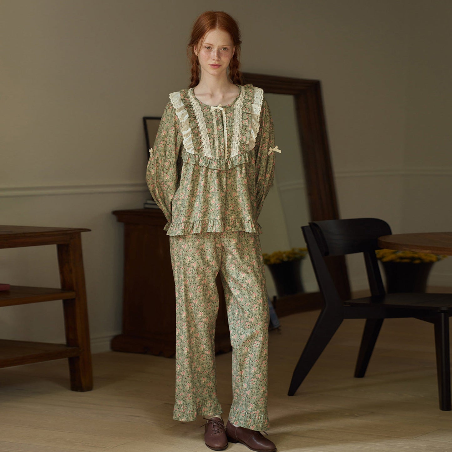 Sage Green Vintage Floral Lace Pajama Set