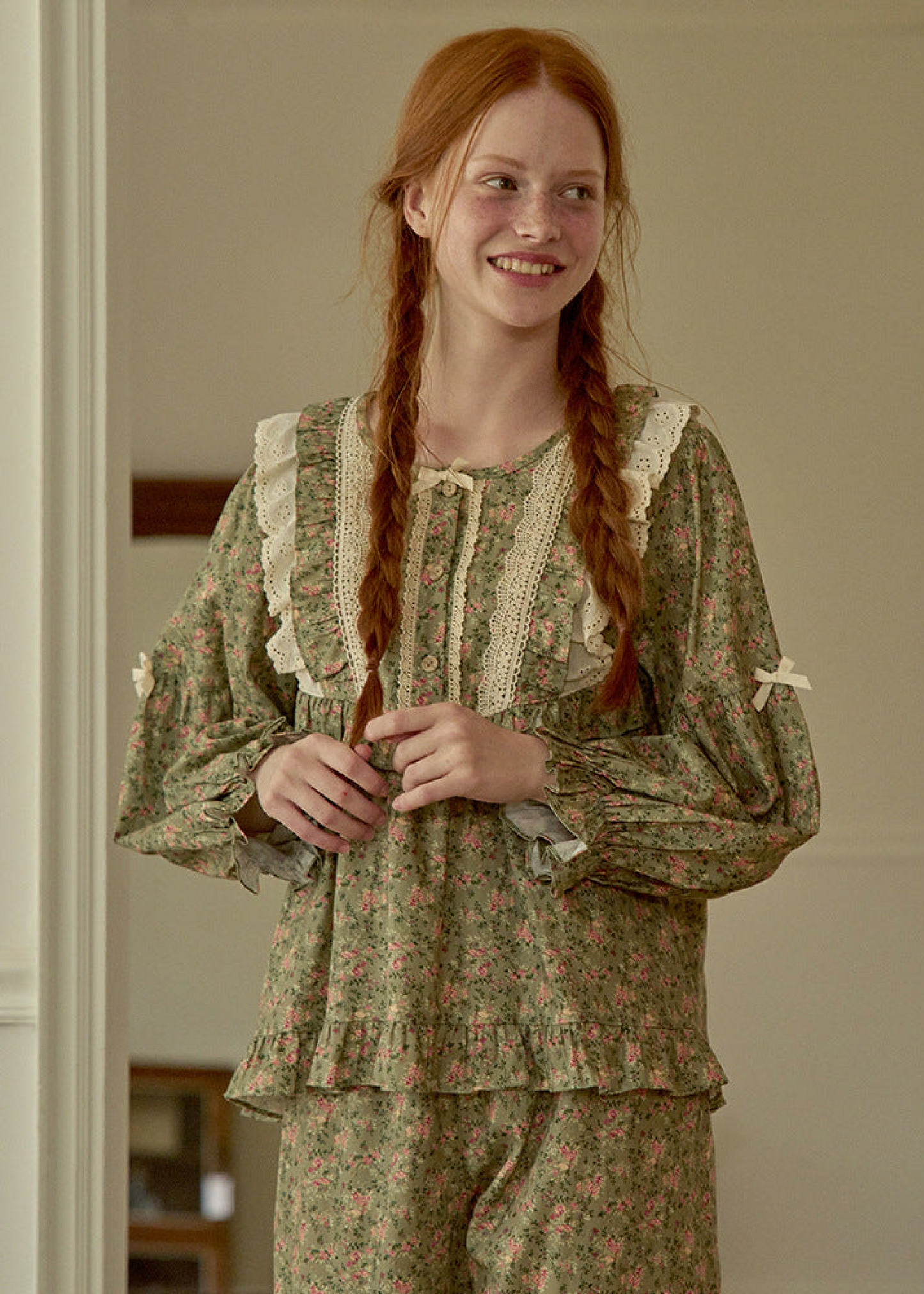 Sage Green Vintage Floral Lace Pajama Set