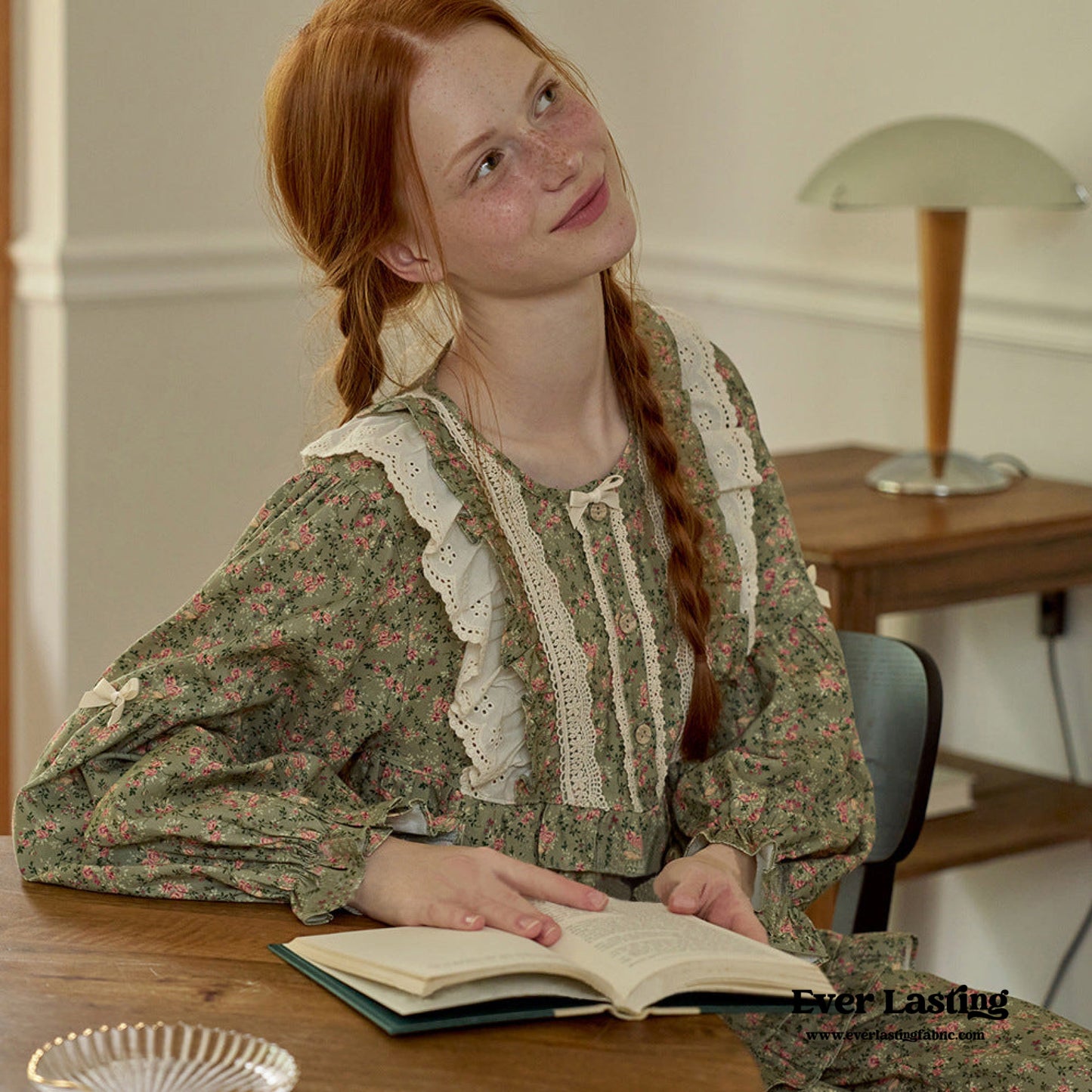 Sage Green Vintage Floral Lace Pajama Set