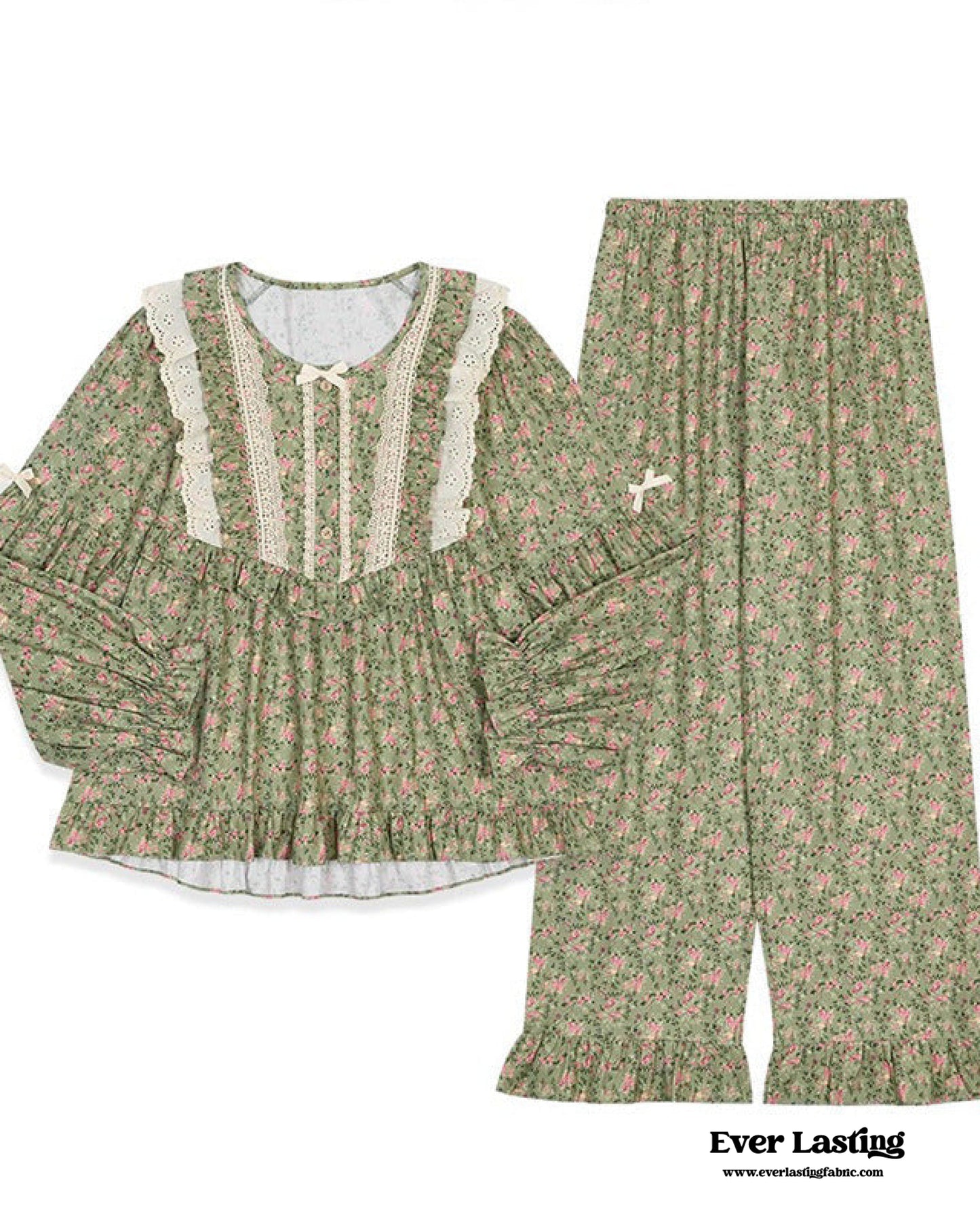 Sage Green Vintage Floral Lace Pajama Set