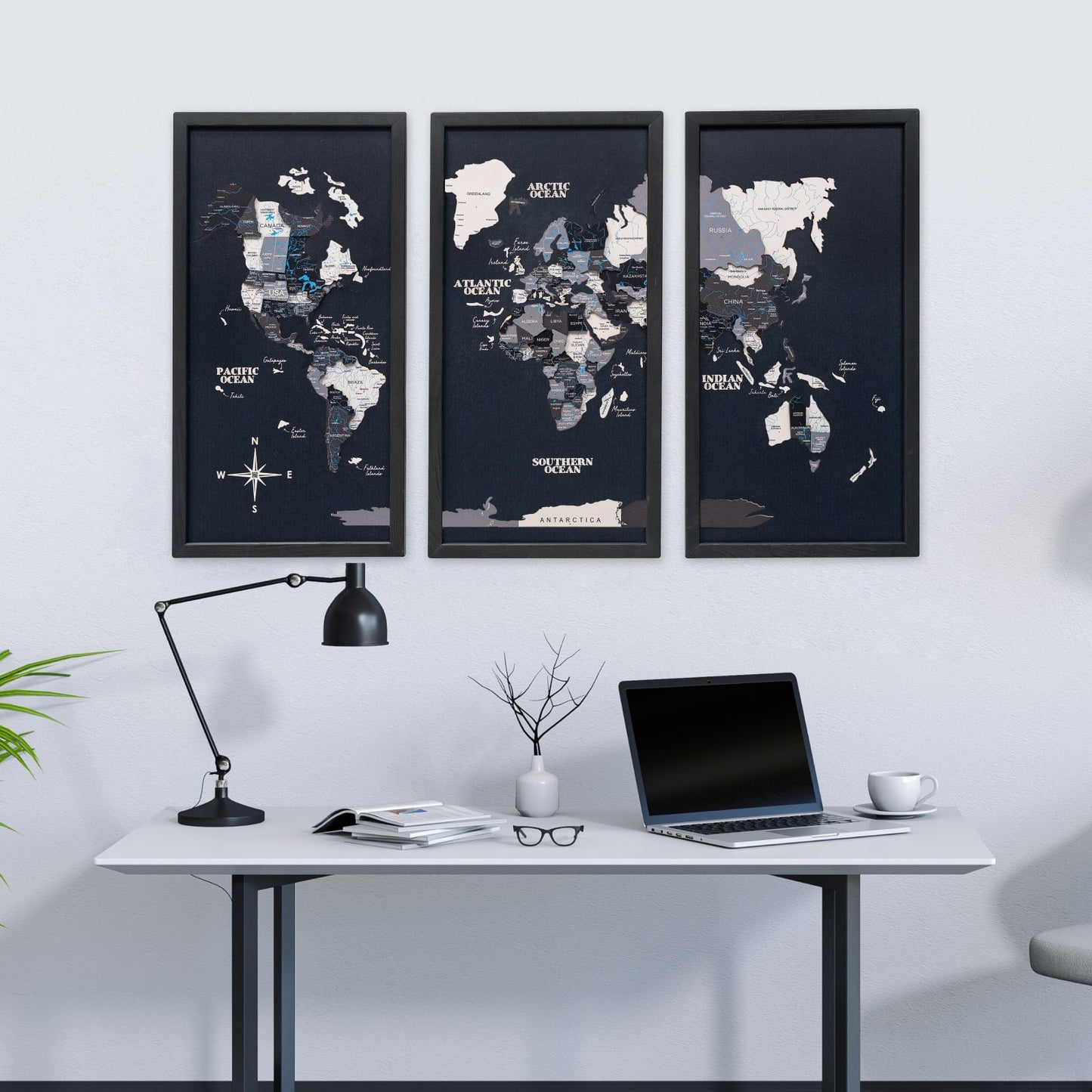 Triptych Wall Art - Wooden World Map (Nordik)