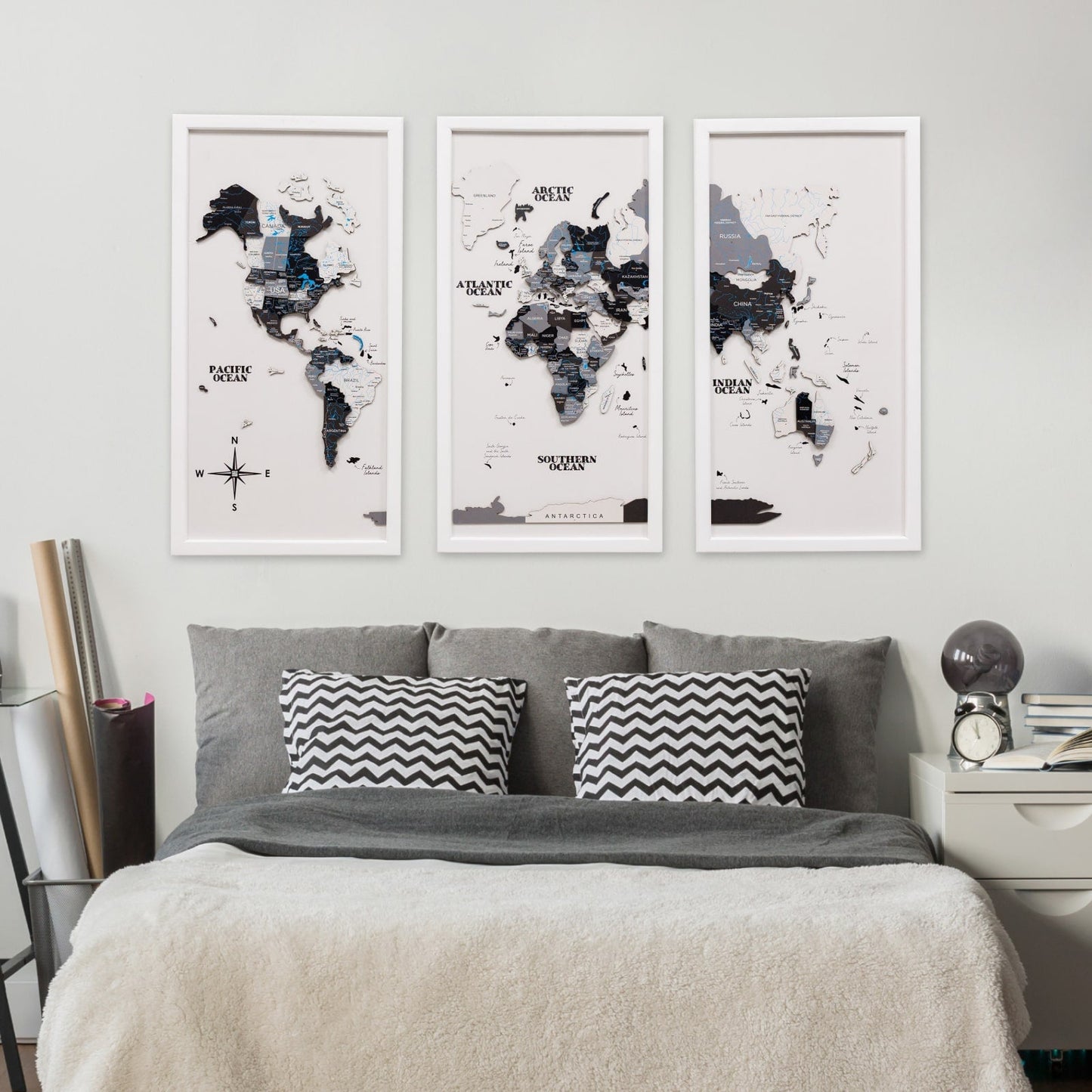 Triptych Wall Art - Wooden World Map (Nordik)