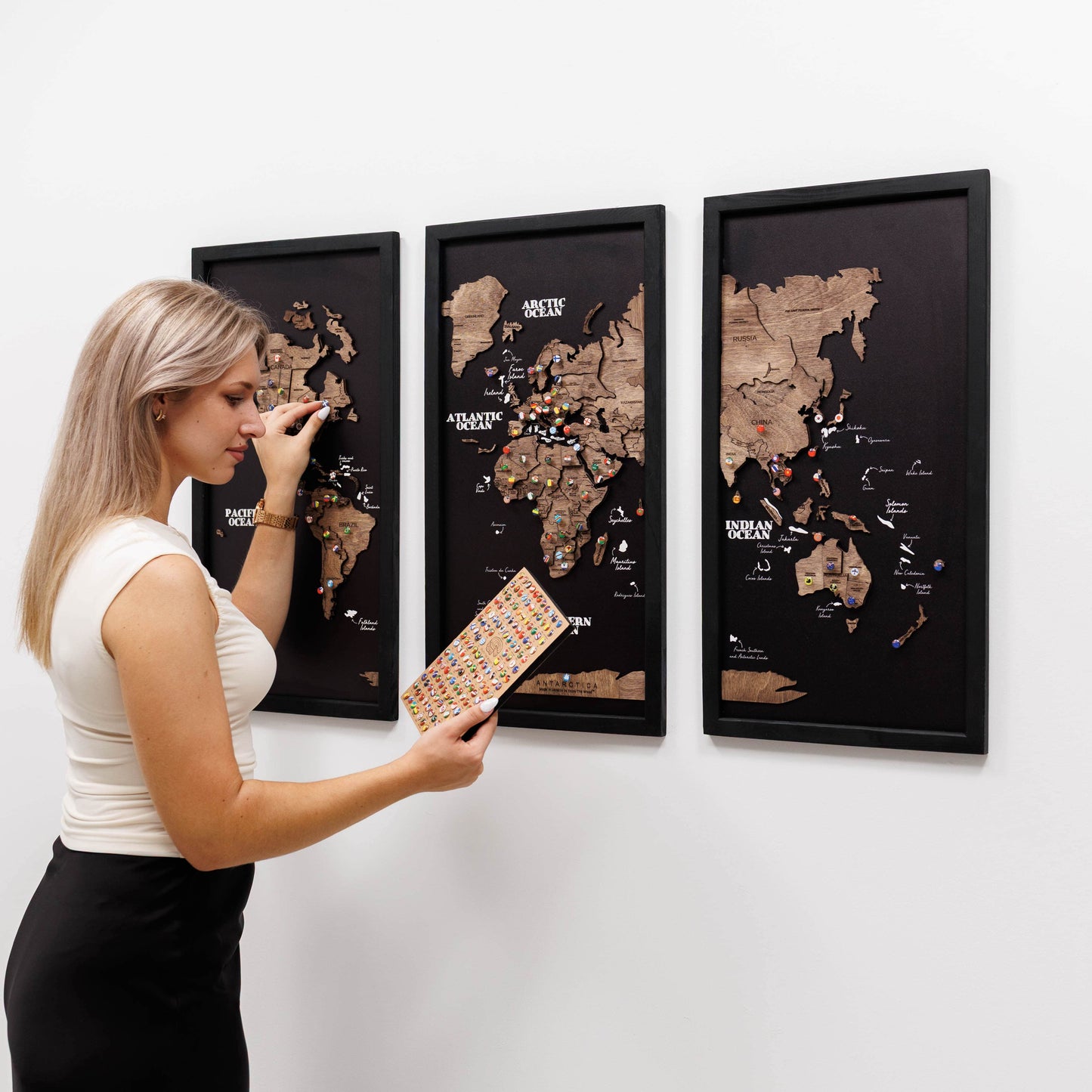 Triptych Wooden World Map (Dark Walnut)