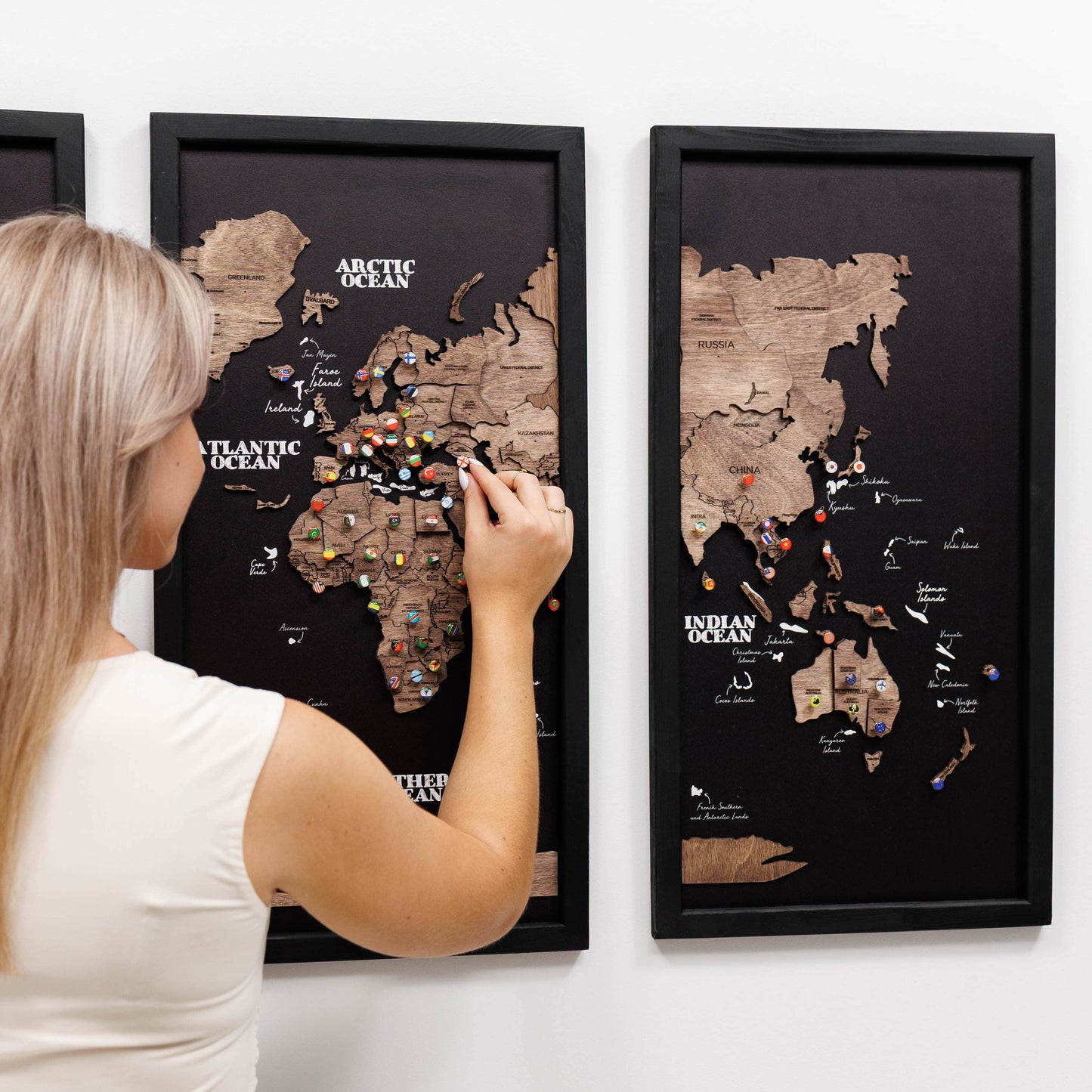 Triptych Wooden World Map (Dark Walnut)