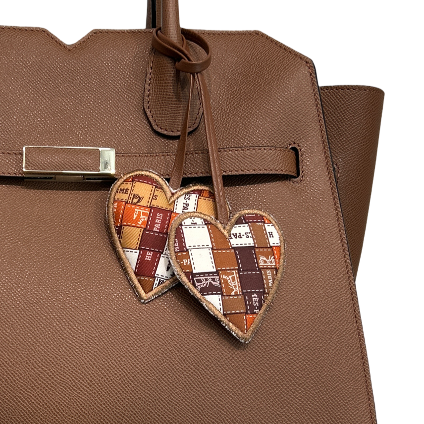 Bolduc Ribbon Silk Scarf Double Heart Bag Charm