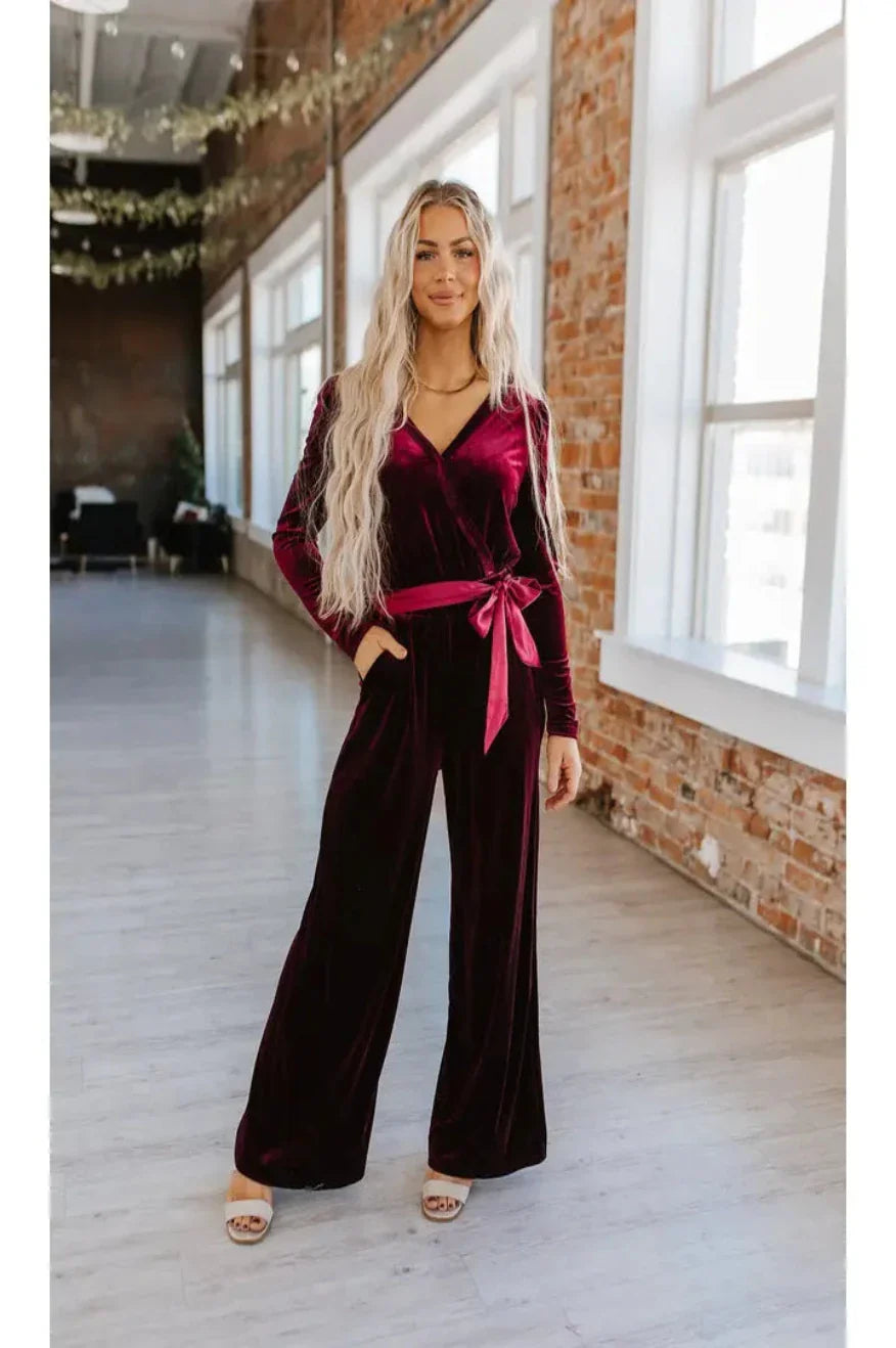 Red Velvet Keyhole Jumpsuit -clearance - Concordia Style Boutique