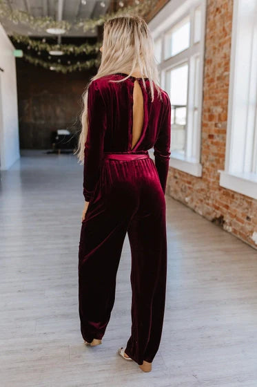 Red Velvet Keyhole Jumpsuit -clearance - Concordia Style Boutique