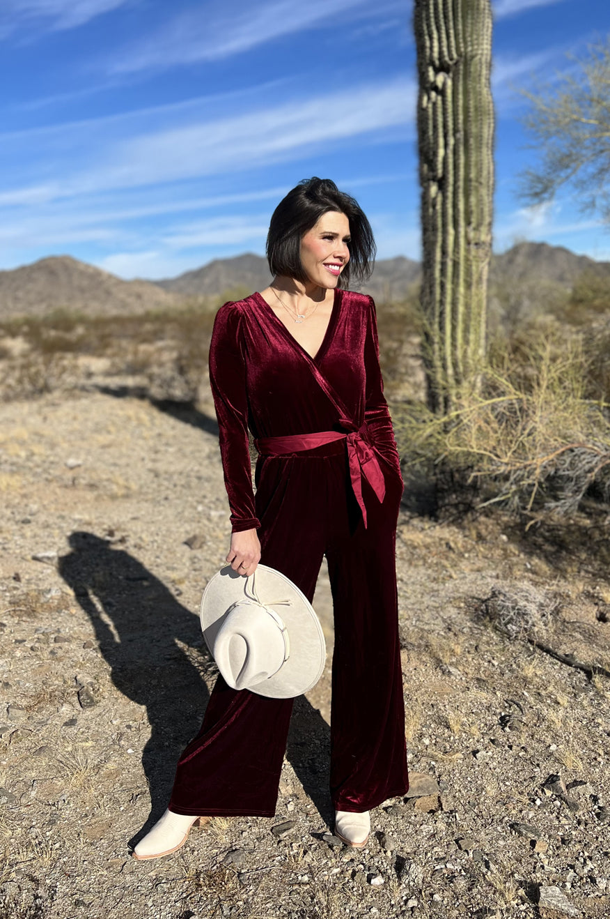 Red Velvet Keyhole Jumpsuit -clearance - Concordia Style Boutique