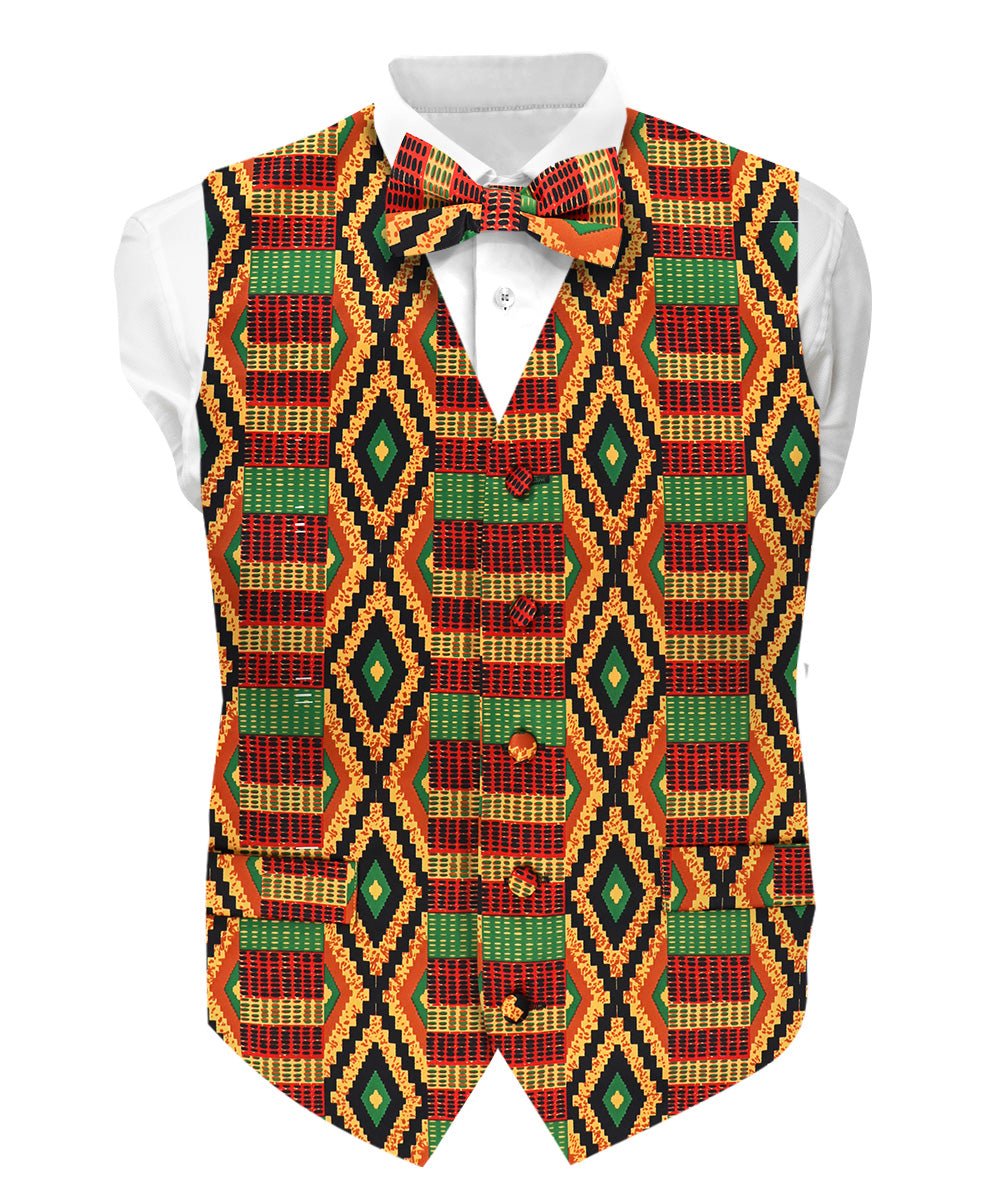 Vittorio Farina Men's Kente Satin Vest and Bow Tie Set