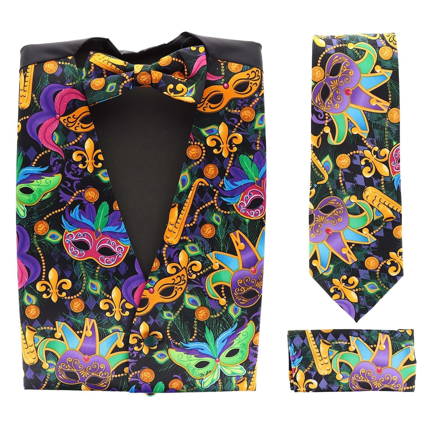 Vittorio Farina Men's Mardi Gras Satin Vest, Necktie, Bow Tie and Pocket Square Set