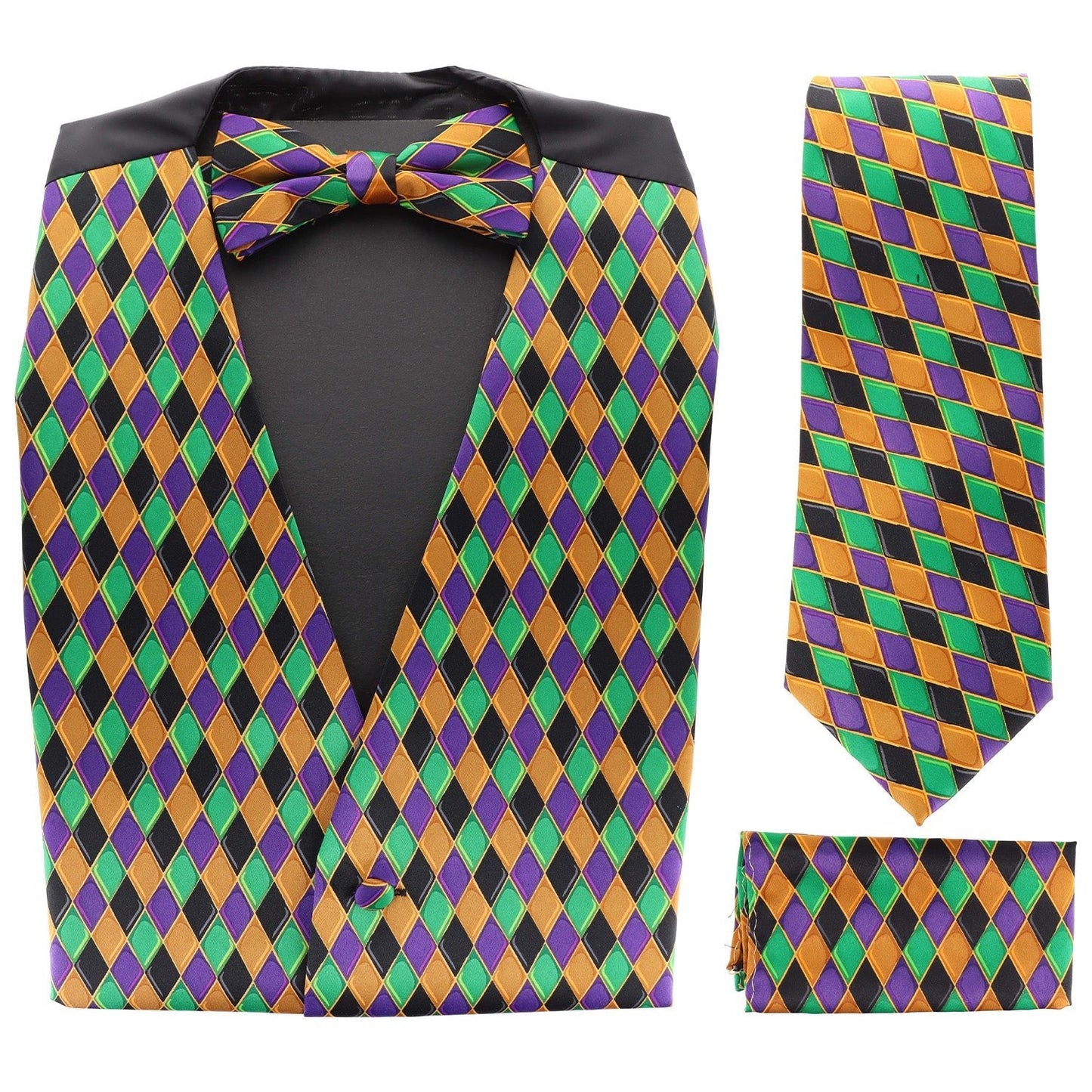 Vittorio Farina Men's Mardi Gras Satin Vest, Necktie, Bow Tie and Pocket Square Set