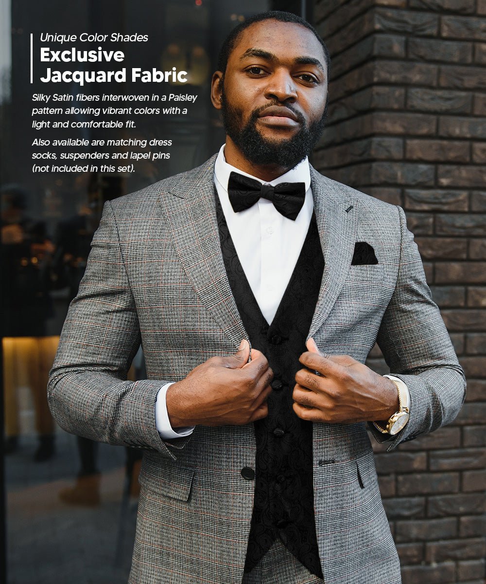 Vittorio Farina Men's Woven Paisley Vest, Necktie, Bow Tie and Pocket Square Set (Black Back) - Concordia Style Boutique