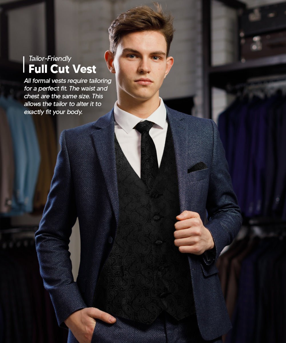 Vittorio Farina Men's Woven Paisley Vest, Necktie, Bow Tie and Pocket Square Set (Black Back) - Concordia Style Boutique