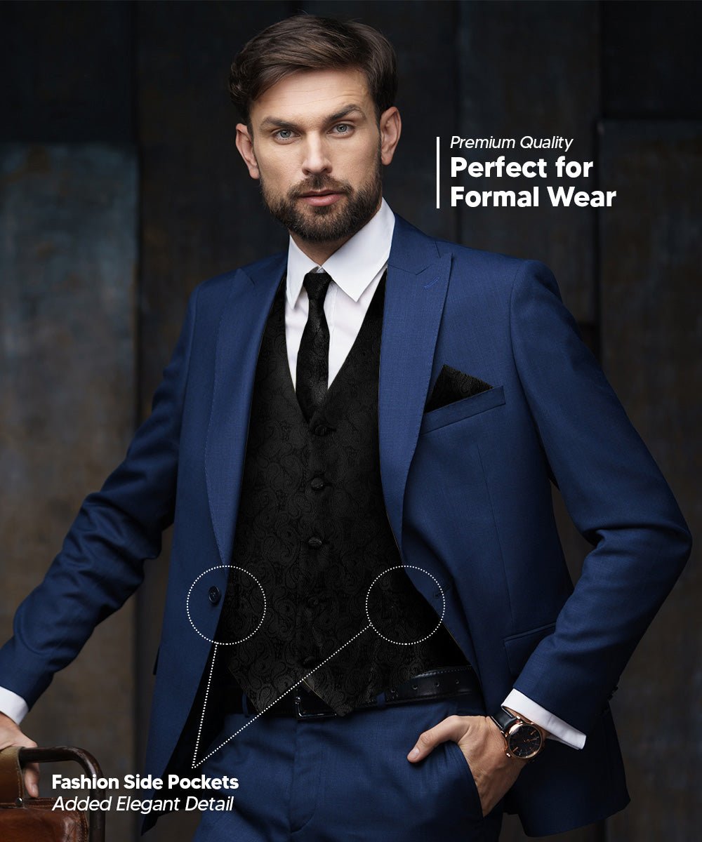 Vittorio Farina Men's Woven Paisley Vest, Necktie, Bow Tie and Pocket Square Set (Black Back) - Concordia Style Boutique