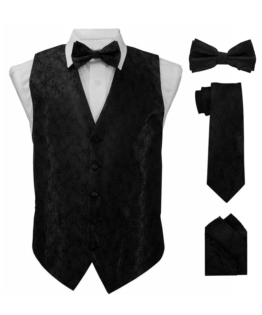 Vittorio Farina Men's Woven Paisley Vest, Necktie, Bow Tie and Pocket Square Set (Black Back) - Concordia Style Boutique