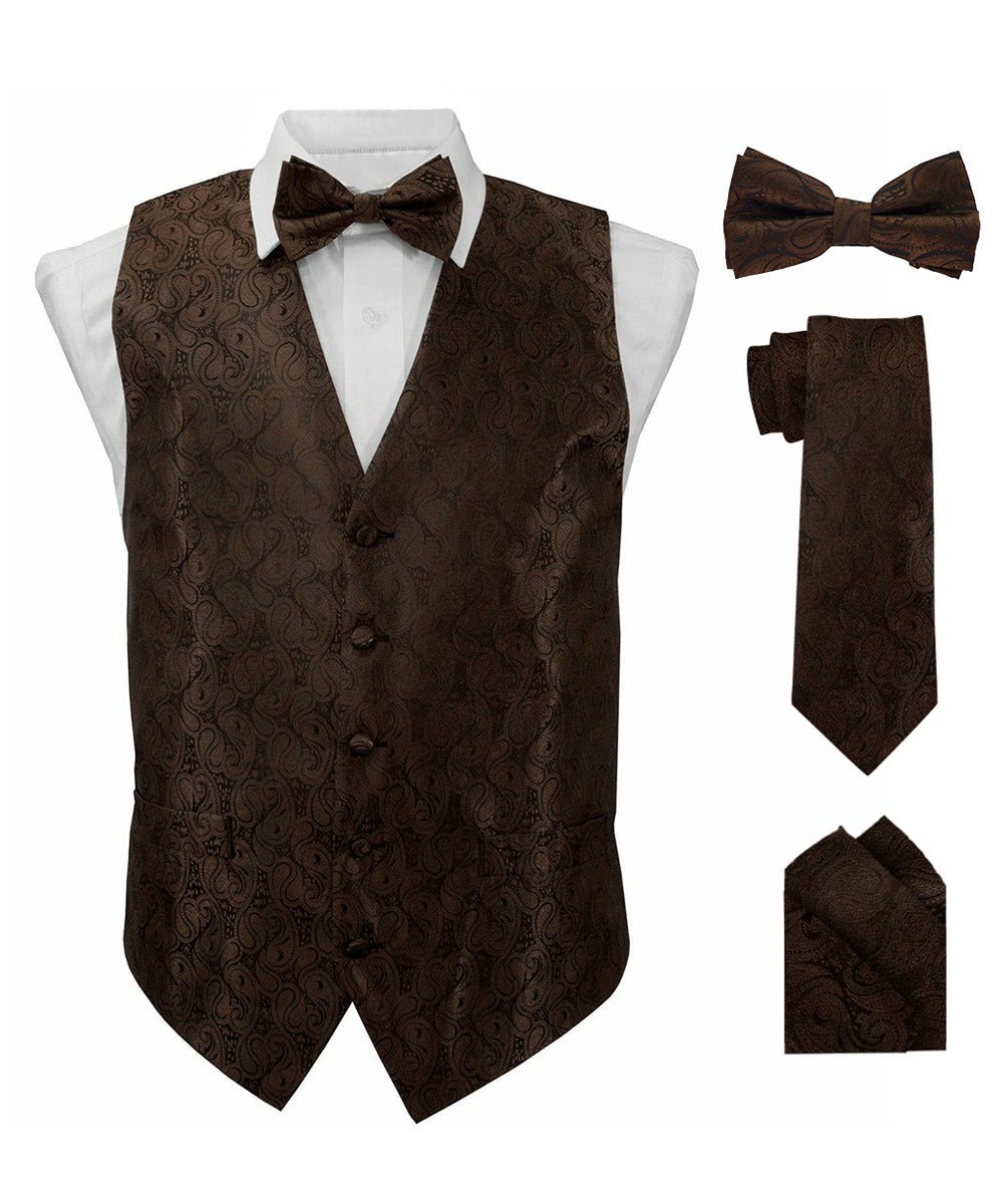 Vittorio Farina Men's Woven Paisley Vest, Necktie, Bow Tie and Pocket Square Set (Black Back) - Concordia Style Boutique