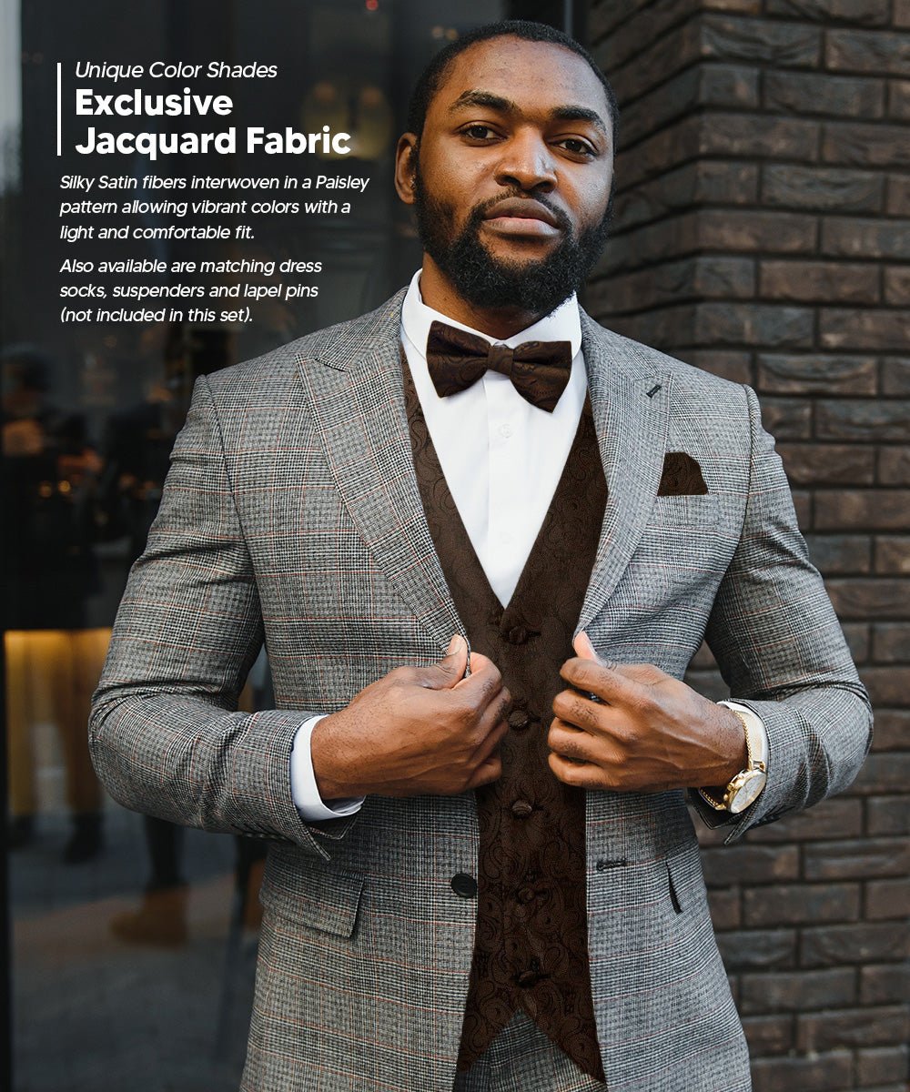 Vittorio Farina Men's Woven Paisley Vest, Necktie, Bow Tie and Pocket Square Set (Black Back) - Concordia Style Boutique