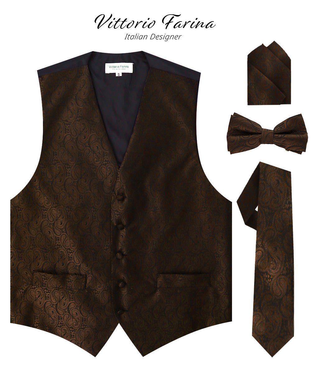 Vittorio Farina Men's Woven Paisley Vest, Necktie, Bow Tie and Pocket Square Set (Black Back) - Concordia Style Boutique