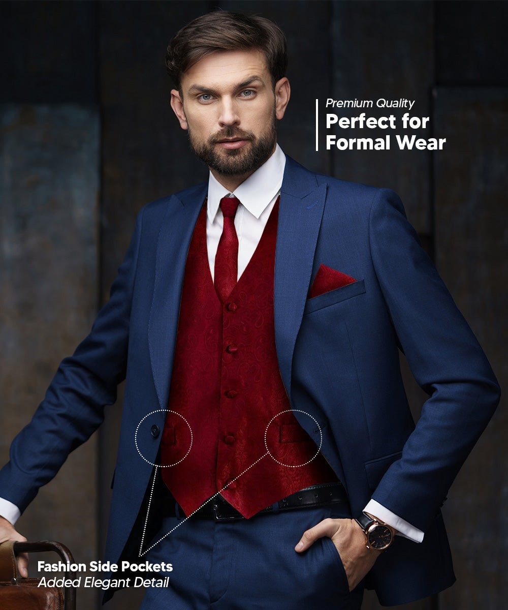 Vittorio Farina Men's Woven Paisley Vest, Necktie, Bow Tie and Pocket Square Set (Black Back) - Concordia Style Boutique