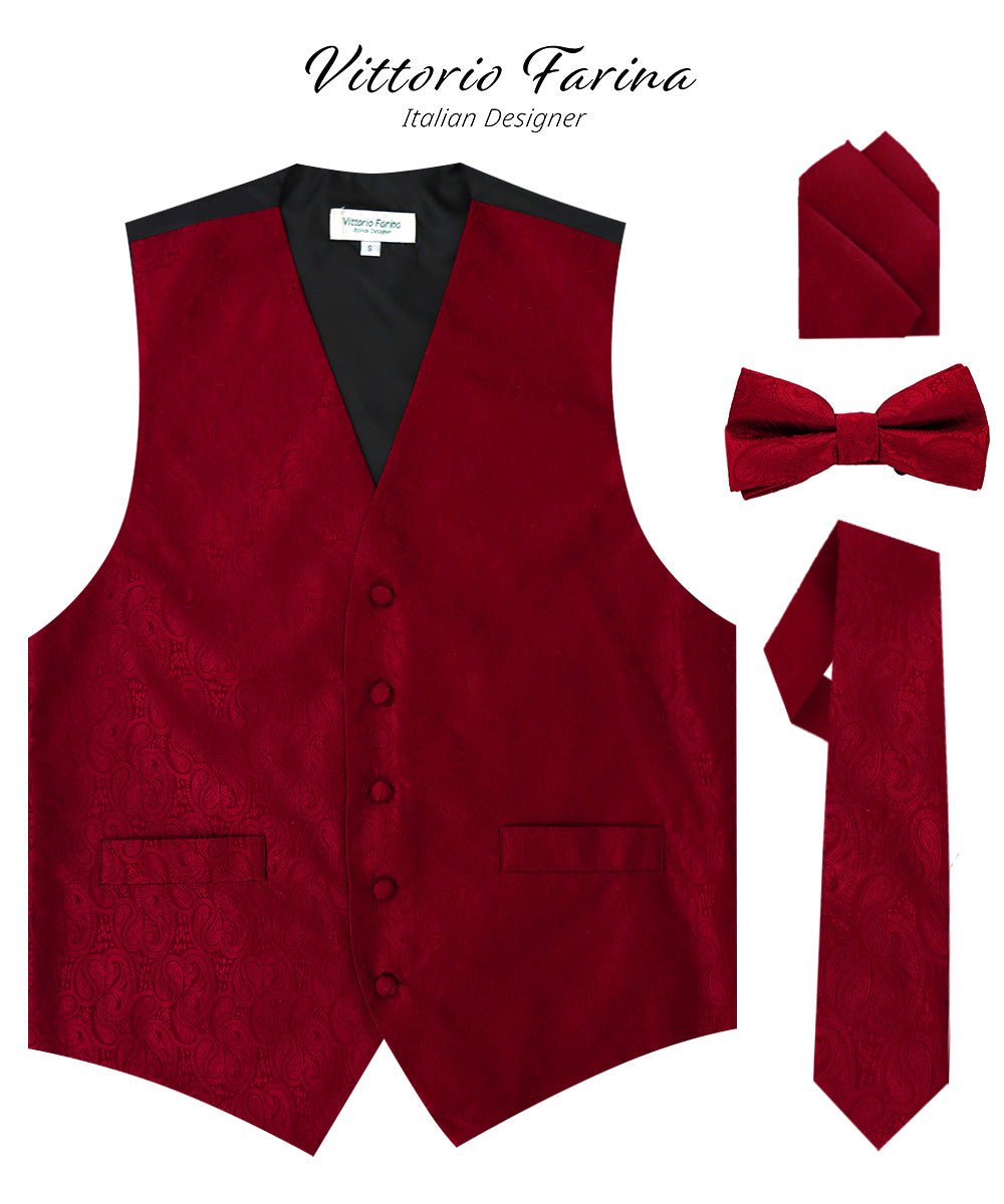 Vittorio Farina Men's Woven Paisley Vest, Necktie, Bow Tie and Pocket Square Set (Black Back) - Concordia Style Boutique