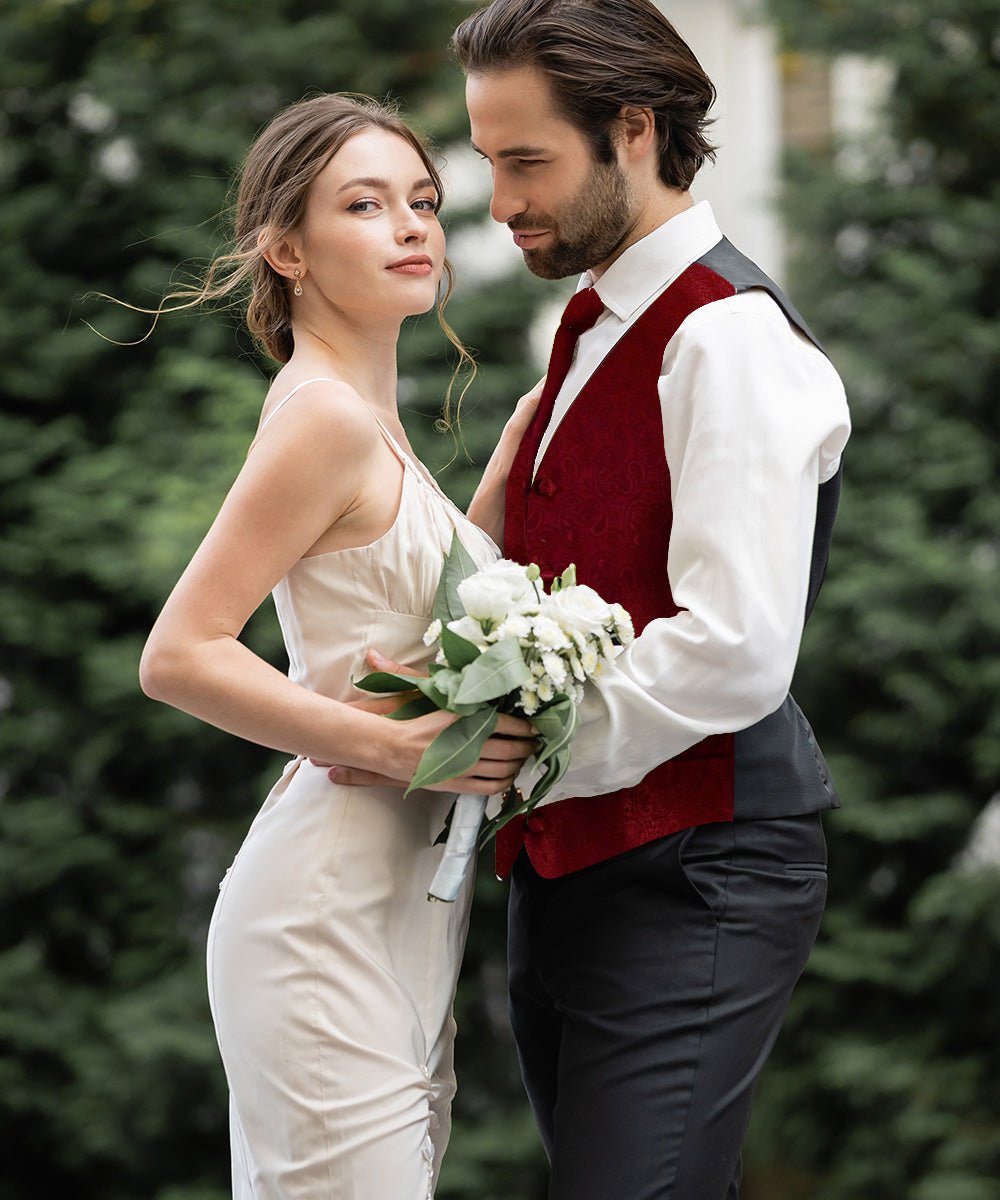 Vittorio Farina Men's Woven Paisley Vest, Necktie, Bow Tie and Pocket Square Set (Black Back) - Concordia Style Boutique