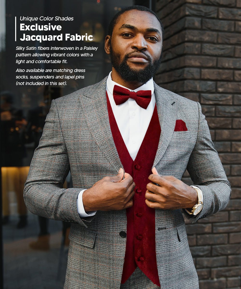 Vittorio Farina Men's Woven Paisley Vest, Necktie, Bow Tie and Pocket Square Set (Black Back) - Concordia Style Boutique