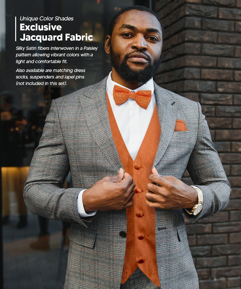 Vittorio Farina Men's Woven Paisley Vest, Necktie, Bow Tie and Pocket Square Set (Black Back)