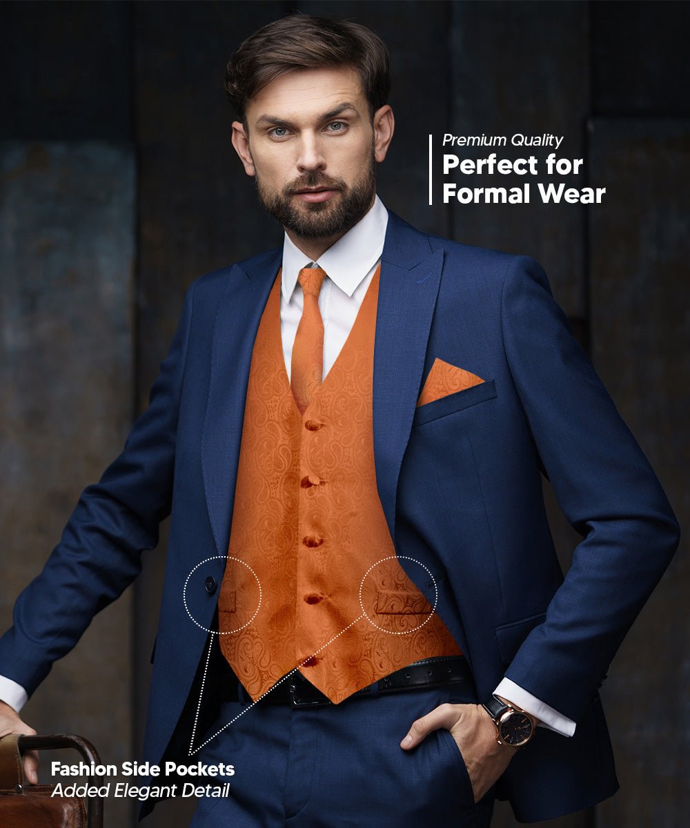 Vittorio Farina Men's Woven Paisley Vest, Necktie, Bow Tie and Pocket Square Set (Black Back)