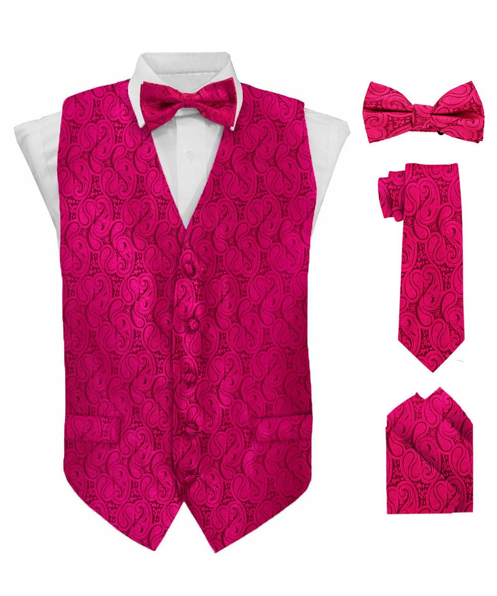 Vittorio Farina Men's Woven Paisley Vest, Necktie, Bow Tie and Pocket Square Set (Black Back) - Concordia Style Boutique