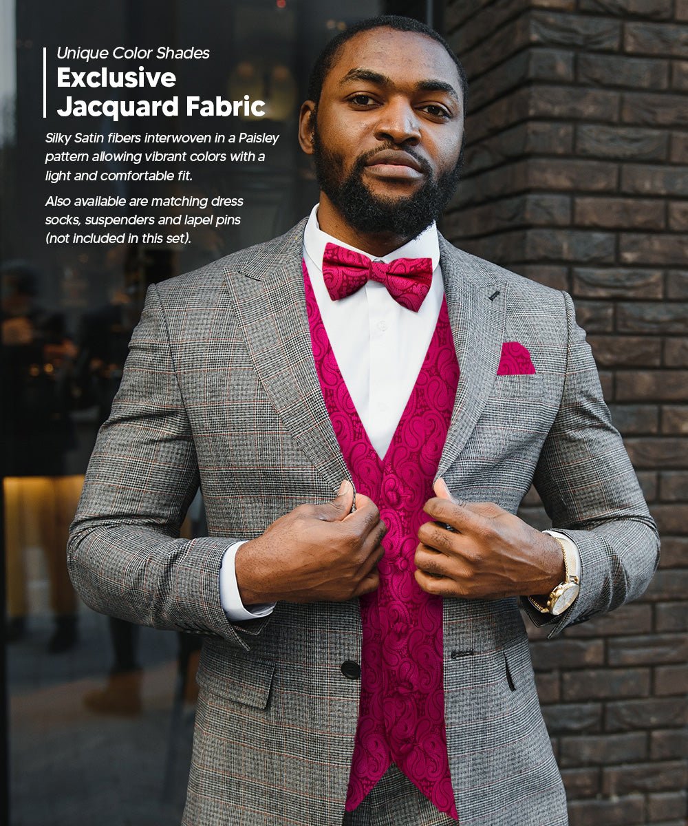 Vittorio Farina Men's Woven Paisley Vest, Necktie, Bow Tie and Pocket Square Set (Black Back) - Concordia Style Boutique