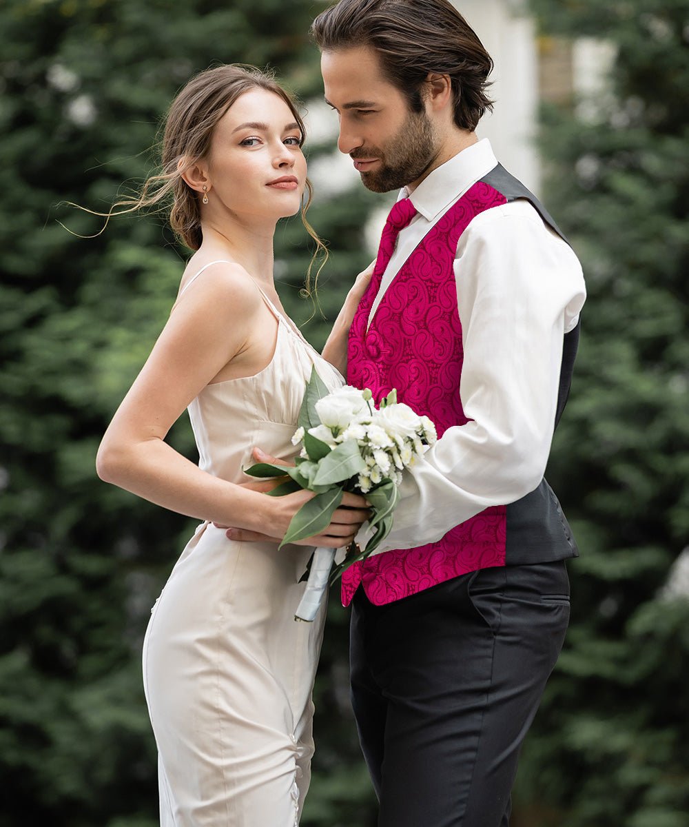 Vittorio Farina Men's Woven Paisley Vest, Necktie, Bow Tie and Pocket Square Set (Black Back) - Concordia Style Boutique